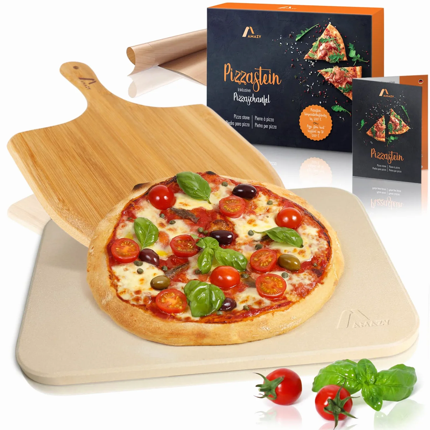 Amazy Pietra refrattaria per pizza da forno, incl. Pala in bambù, Carta da forno riutilizzabile e Ricettario –Pietra pizza dal sapore italiano (38x30x1,5cm)