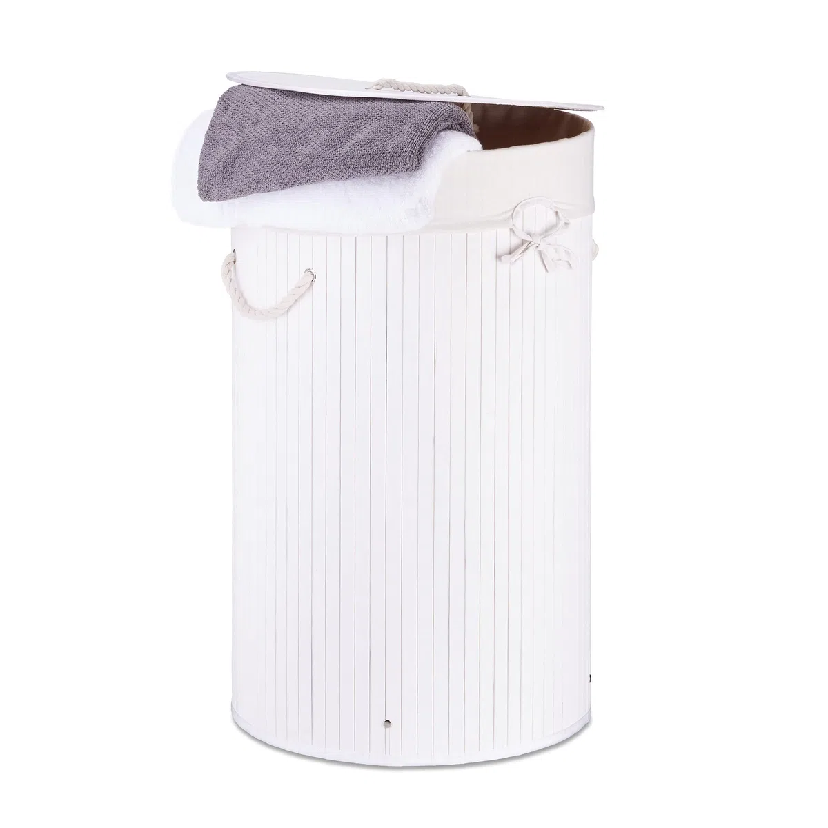 Relaxdays Cesto Portabiancheria, Rotondo, Pieghevole, 70 L di Volume, Coperchio e Sacco di Cotone, Ø 41 cm, Bianco