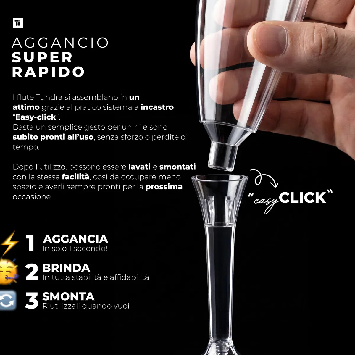 TUNDRA - Set 60 FLUTE PLASTICA da Champagne 100 ml. "USA & RI-USA" BPA-Free - Calici Plastica Riutilizzabili, Resistenti, Trasparenti, Riciclabili - Flute Plastica per Feste, Matrimoni