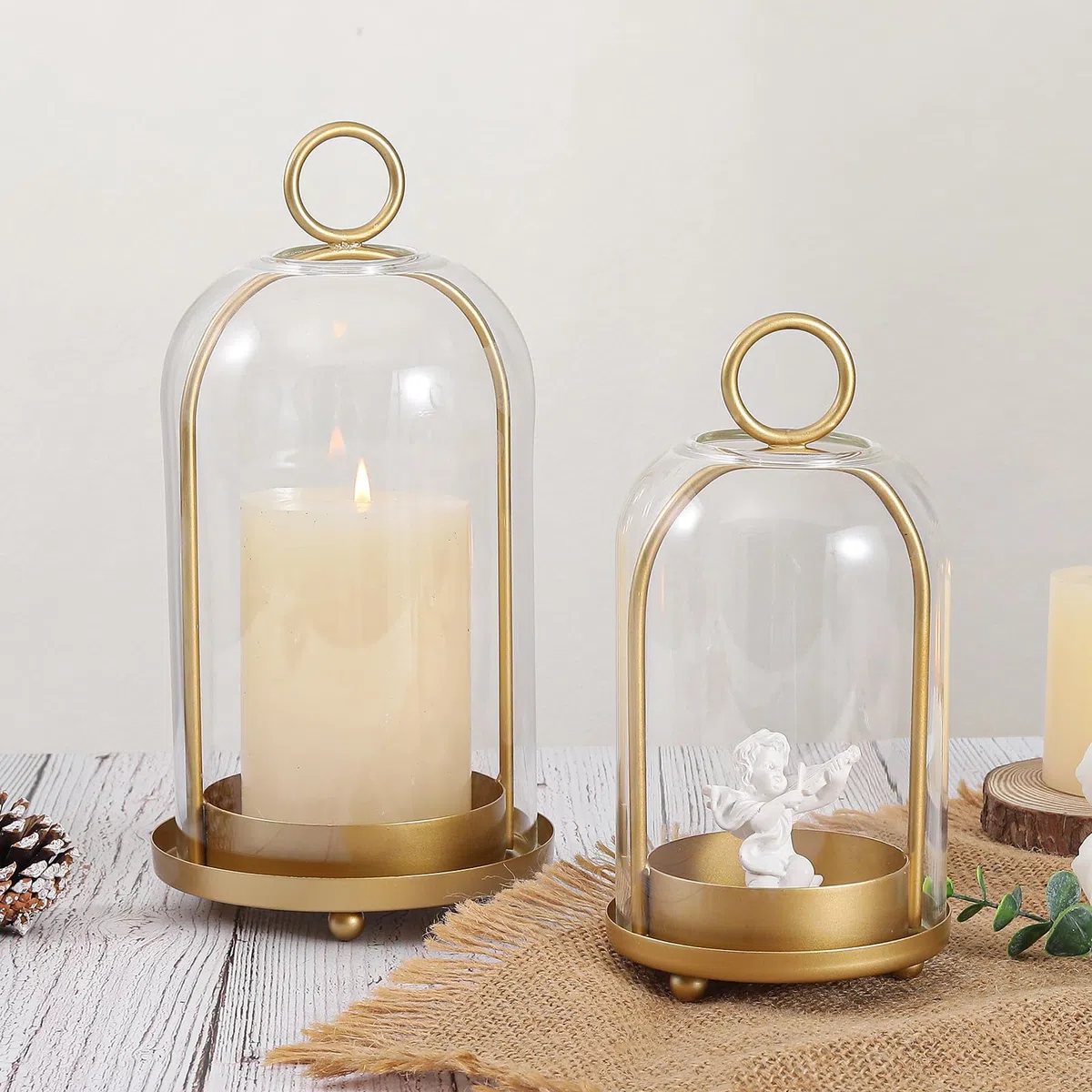Versatile set di portacandele in metallo con cupola in vetro fatto a mano, portacandele in ottone, larghezza 13,2 cm e 10,4 cm, per tavolo o da appendere, decorazione industriale e fattoria