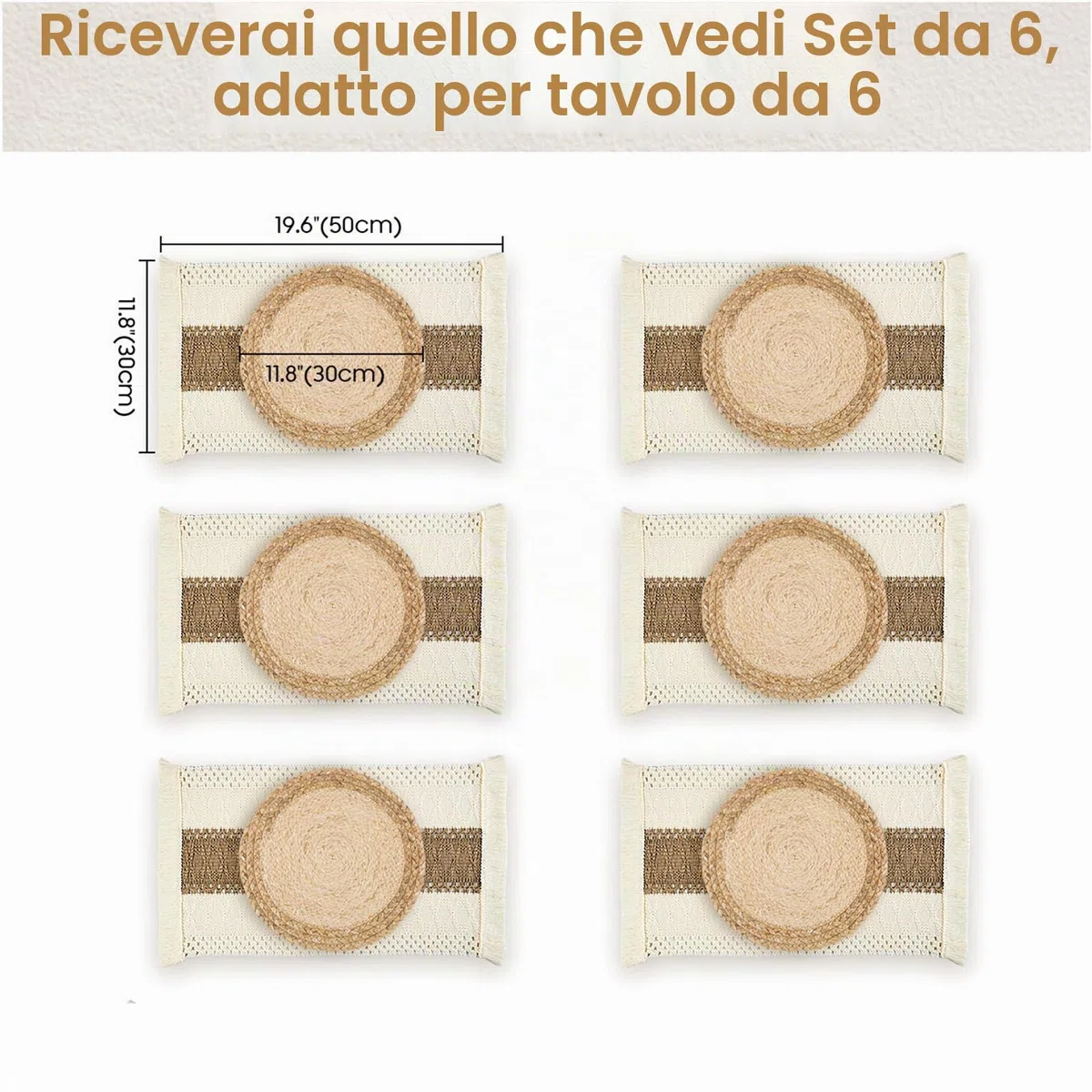 Set di 6 tovagliette fatte a mano in stile bohémien, in iuta di cotone naturale e paglia d'acqua, decorazioni in macramè e tovagliette in stile rustico, per tavolo da pranzo e cucina