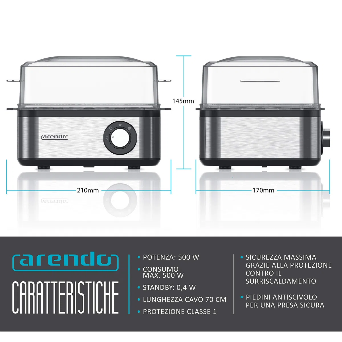 arendo - Cuociuova in Acciaio Inox da 1 a 8 Uova - Fornello per Uova – Cuoci Uova da 500 W - Tre Gradi di durezza alla Coque, barzotto, sodo - Lavabile in lavastoviglie
