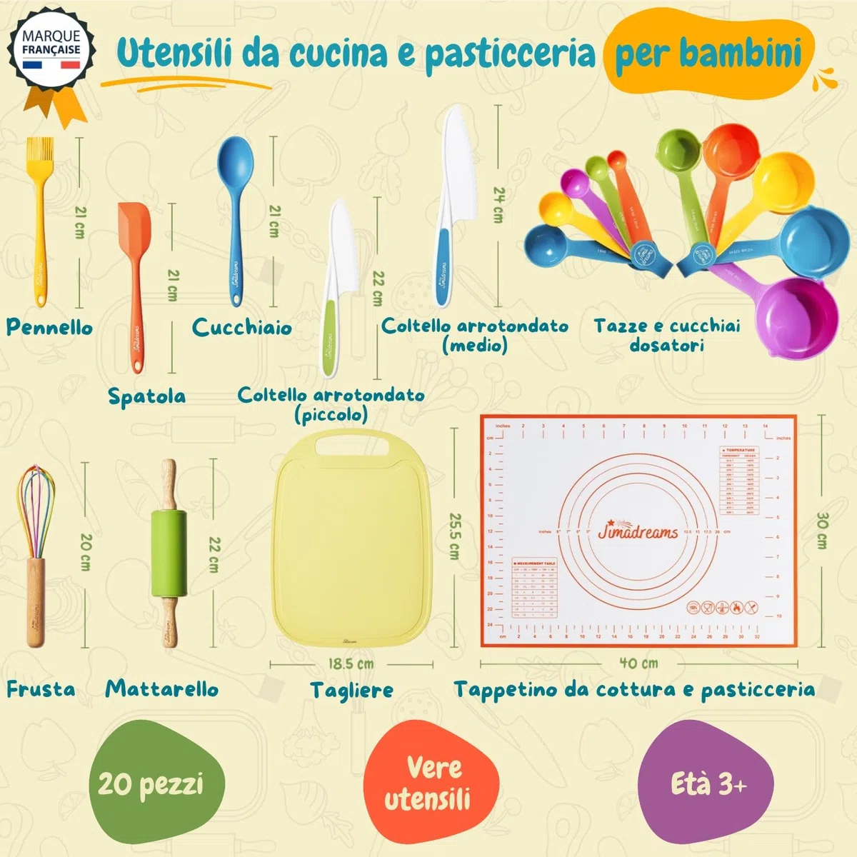 Set Cucina Bambini Montessori - Utensili Veri e Sicuri, Coltelli Antitaglio per Cucinare - Kit Pasticceria con Attrezzi e Coltello, Gioco Educativo, Regalo Bambina e Bambino 3 Anni