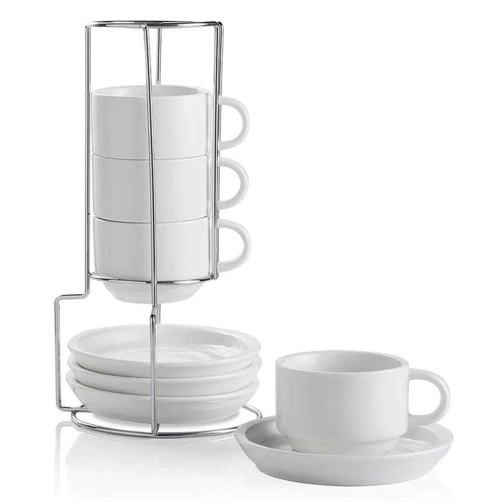 Sweejar Home Set di tazze da cappuccino in porcellana con piattini e supporto in metallo, tazze da espresso impilabili per bevande da caffè speciali, latte, Americano, tè con set di 4 (bianco, 120ml)