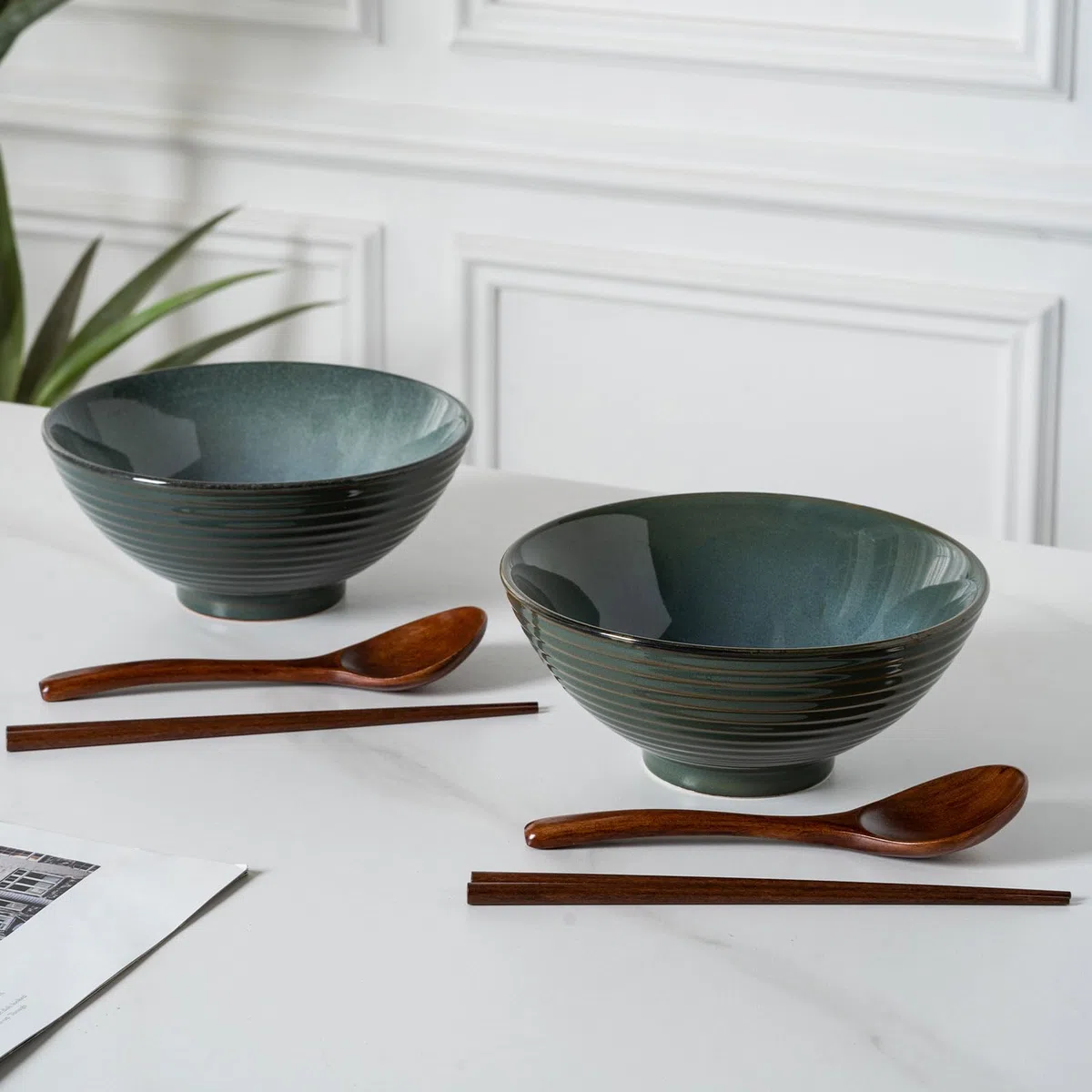 2 ciotole per ramen, in ceramica, 1200 ml, 20 cm, con spoon e chopsticks per Ramen Soup Pho Udon Asian Noodles, Large Noodle Bowls (smalto verde 2 set)