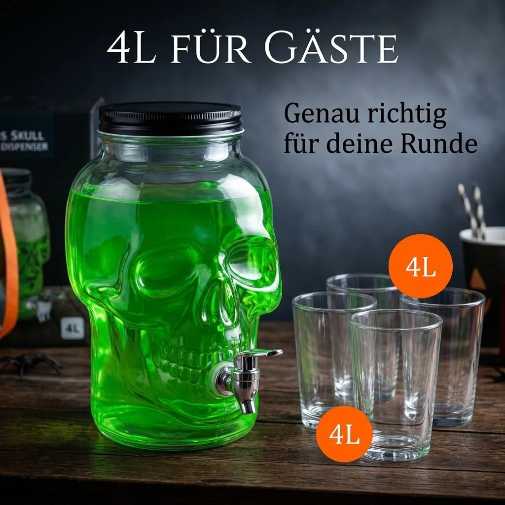 MIJOMA Dispenser per bevande a forma di teschio, 4 l, in vetro con rubinetto per Halloween, feste, bar, decorazione per bowle, cocktail, succo di acqua