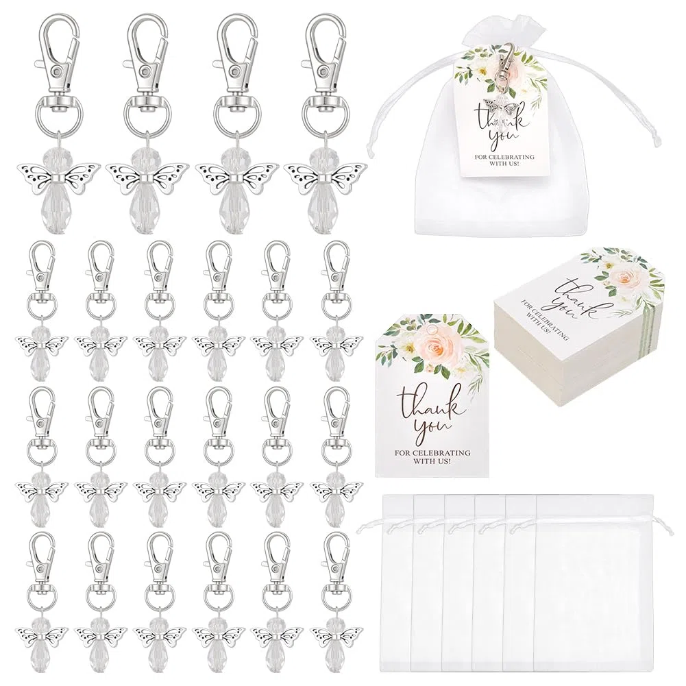 UNICRAFTALE 68 portachiavi commemorativi per celebrazione della vita, in metallo argento antico, con ali di farfalla, lunghezza 5,6 cm, con sacchetti di organza e biglietti di carta per funerali