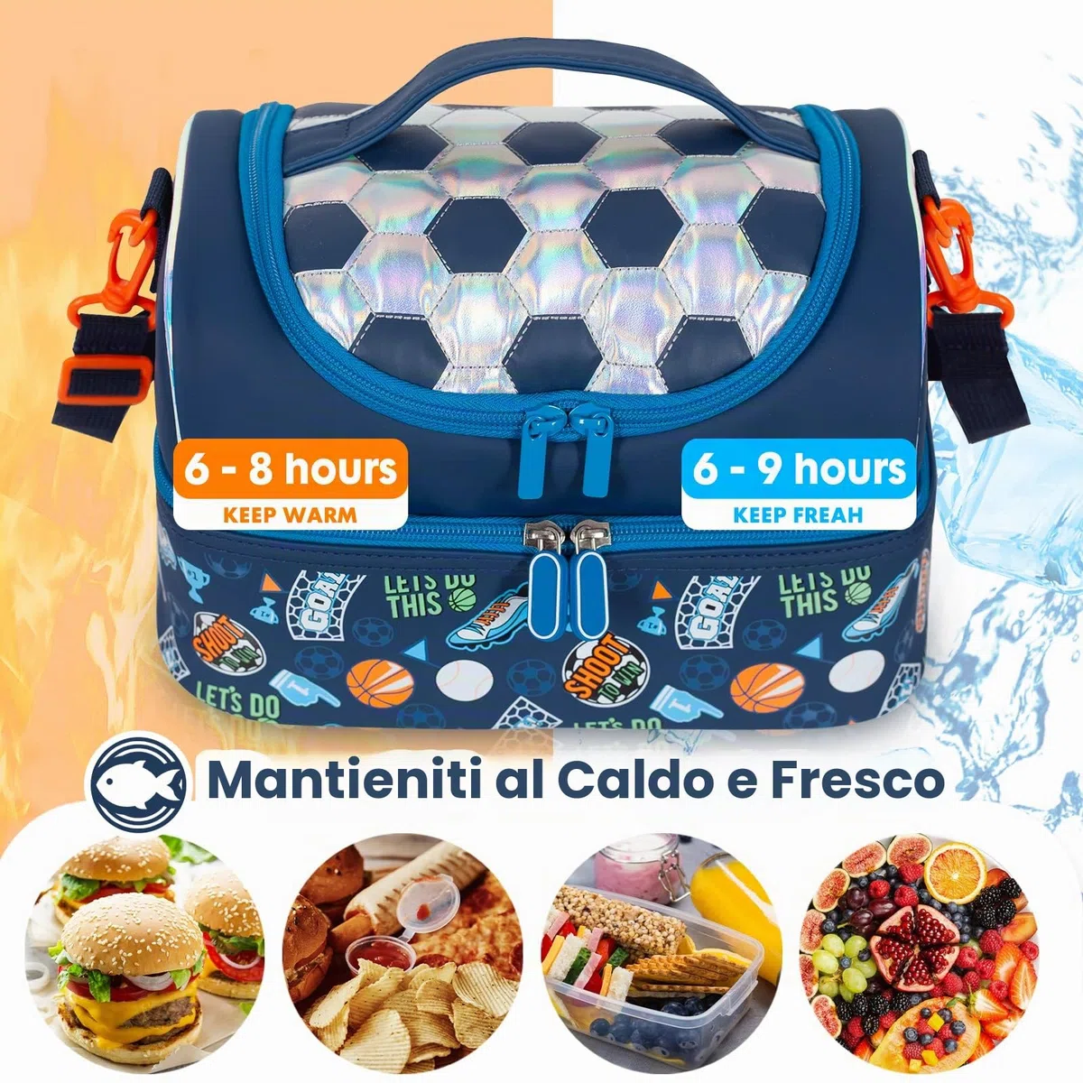 PinkSheep Borsa termica per il pranzo a due piani per bambini, grande, per ragazzi, ragazze, uomini, donne, con tracolla regolabile, unicorno (Calcio)