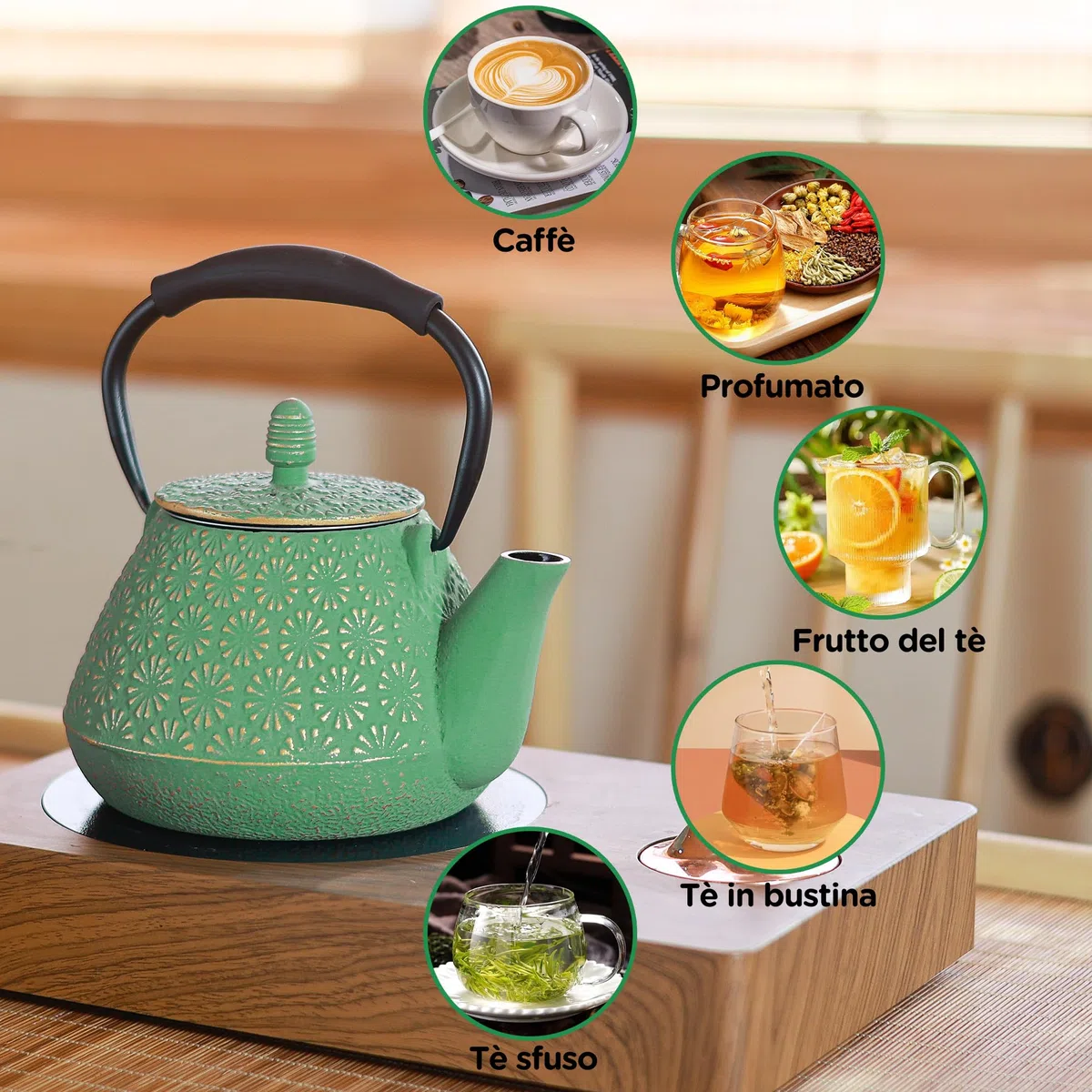 Teiera in Ghisa, 950ml Bollitore da Tè con Motivo Giapponese Sakura Blossom, Sicura per Piano Cottura, Infusore per Foglie Sfuse e Caffè, Manico in Silicone, Interno Smaltato, 950ml Verde