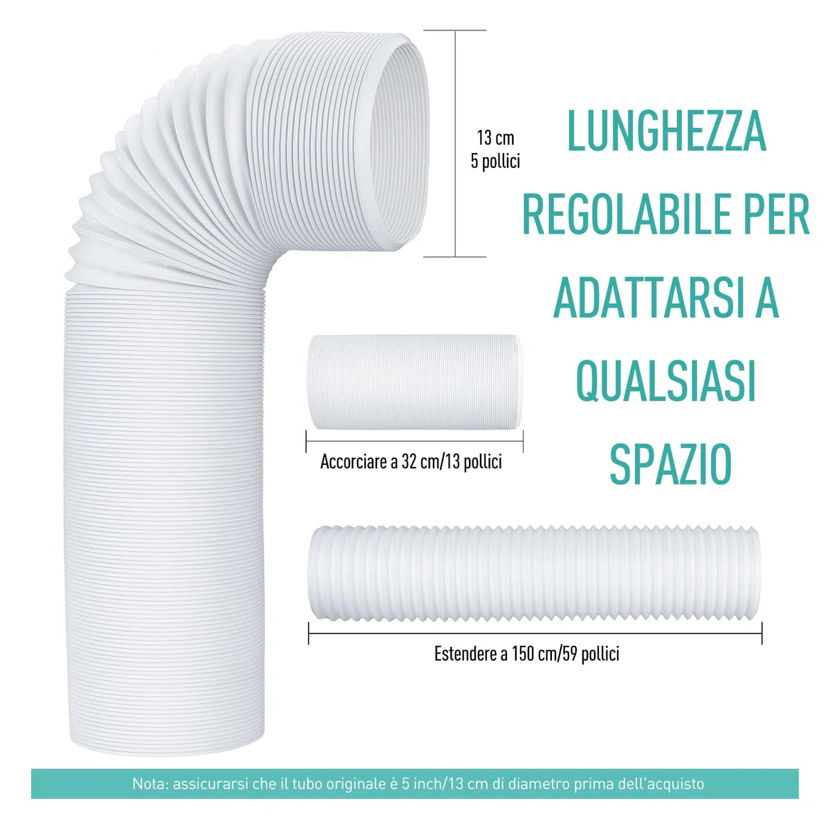 AGPTEK 13CM Tubo di Scarico del Condizionatore d'Aria Portatile, in PVC, Diametro 13 CM, Filettatura Antioraria, Tubo di Ricambio Universale, Estensibile 150CM di Lunghezzaza