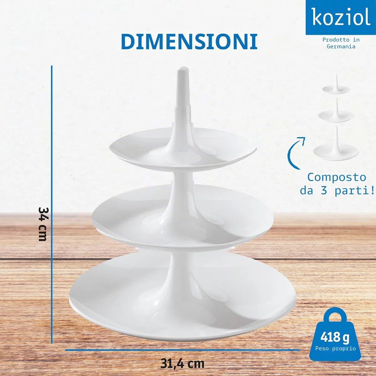Koziol BABELL Alzata, Piatto, Vassoio da Portata, Supporto per Torte, Cupcake, Plastica, Bianco
