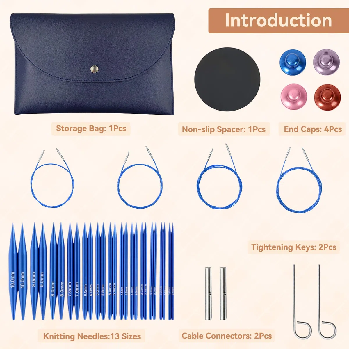 Set di ferri circolari intercambiabili con custodia in pelle, 13 paia di ferri da maglia circolari da 3,0 a 10,0, in metallo con 4 cordoncini 40cm/60cm/80cm/100cm, accessori principianti (blu)