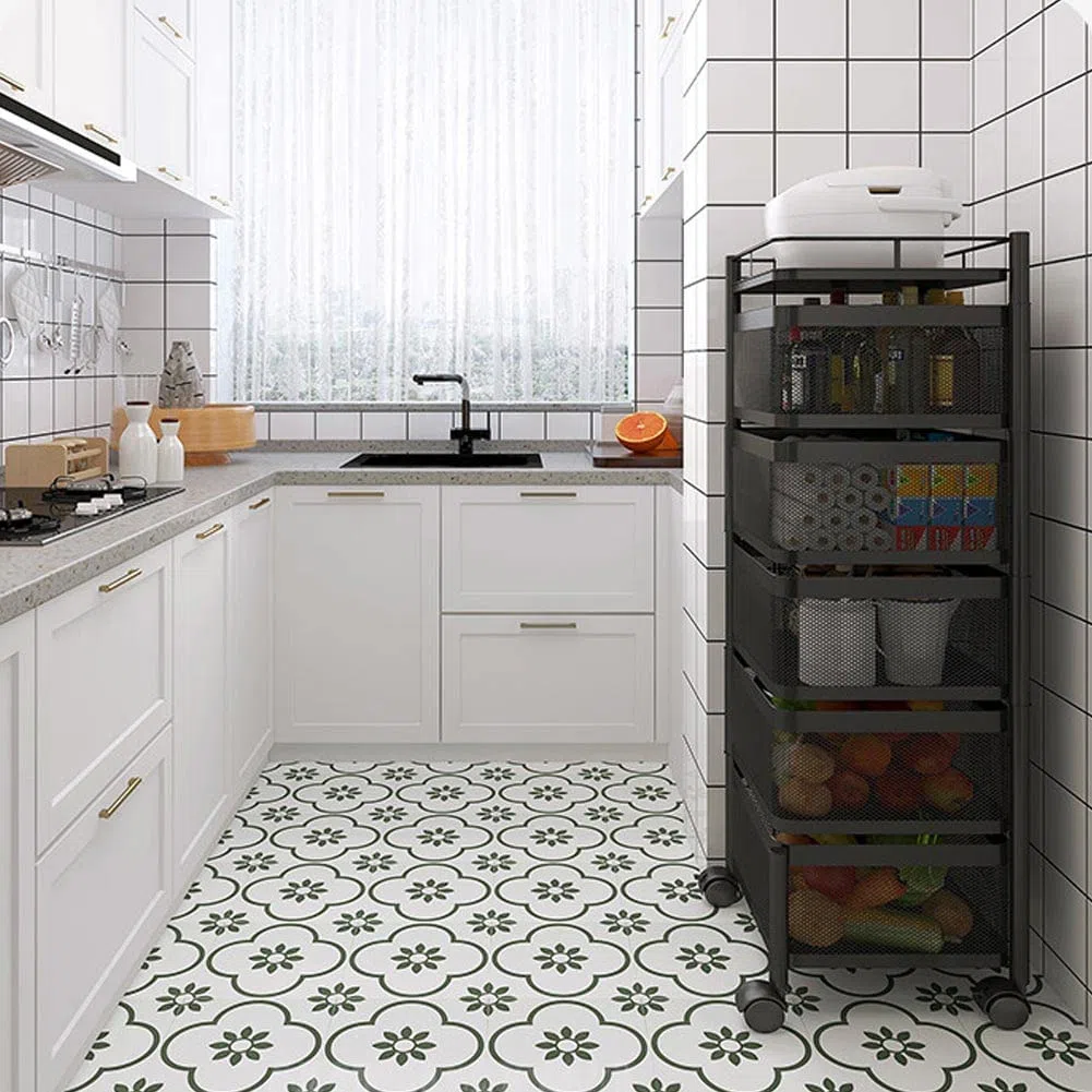 BAKAJI Carrello Trolley Cucina in Metallo con 5 Ripiani a Cesto Apribili e 4 Ruote girevoli a 360 Gradi Trolley Salvaspazio Arredamento Casa Cucina Dimensione 85 x 26 cm Design Moderno (Quadrato)
