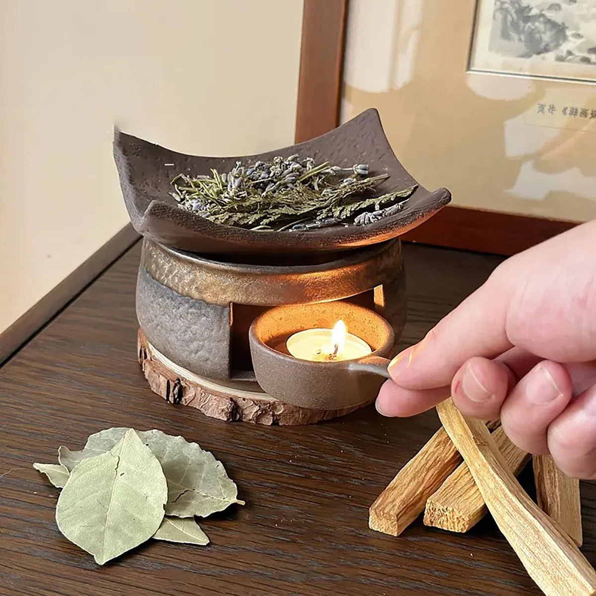 Bruciatore di oli essenziali in ceramica per aromaterapia, bruciatore di incenso Zen e cedro, fatto a mano, kit per meditazione, relax e decorazione della camera da letto
