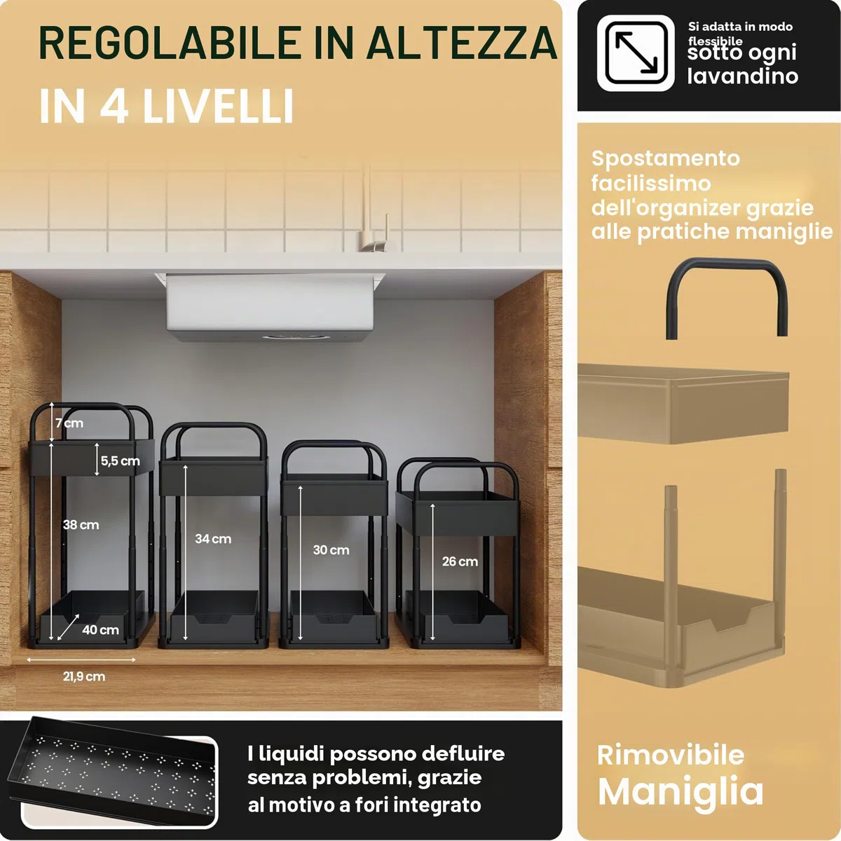 HELDENWERK Scaffale sotto lavandino per mobile sottolavello regolabile in altezza con 2 ripiani in nero I Organizer cucina mobile sotto portaspezie I Organizer mobile sottolavandino