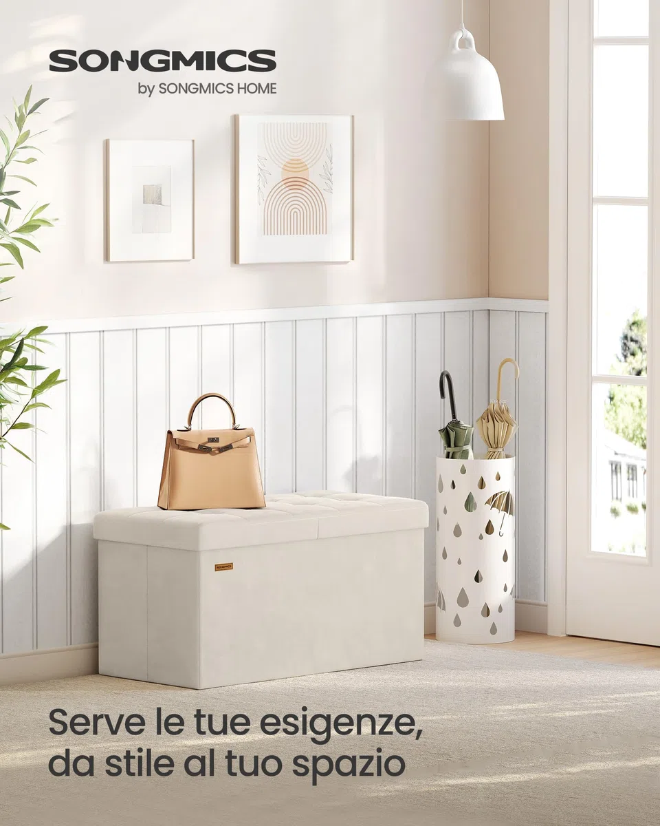 SONGMICS Pouf Pieghevole, Cassapanca, 38 x 76 x 38 cm, Coperchio Ribaltabile, Capacitàdi Carico Statico 300 kg, per Corridoio, Soggiorno, Camera da Letto, Velluto, Beige Cappuccino LSF048LH01