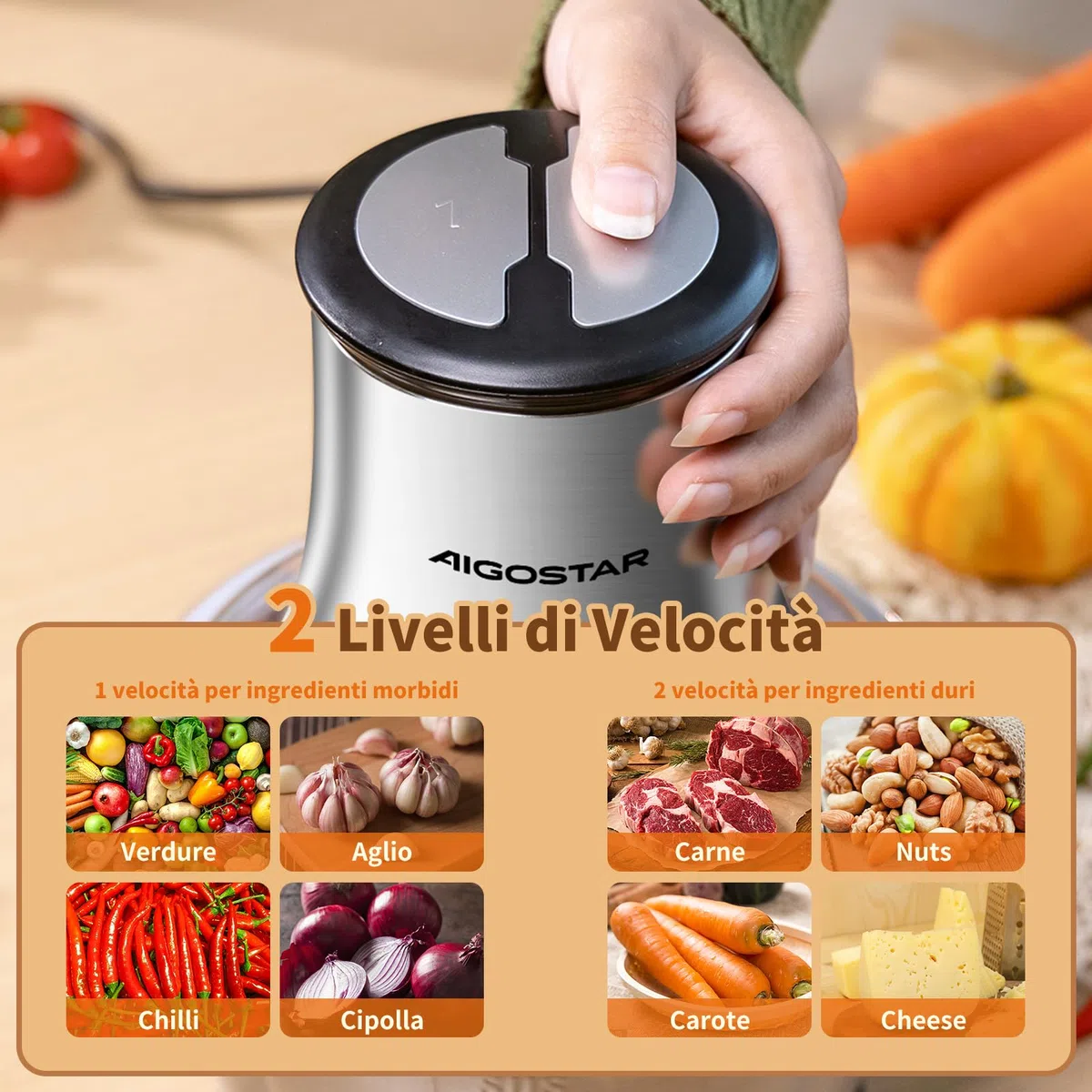 Aigostar Tritatutto Elettrico 500W, Tritacarne da Cucina con 4 Lame in Acciaio Inox, Ciotola da 1,8L, 2 Velocità, Ideale per Carne, Verdure e Frutta Secca, Flor