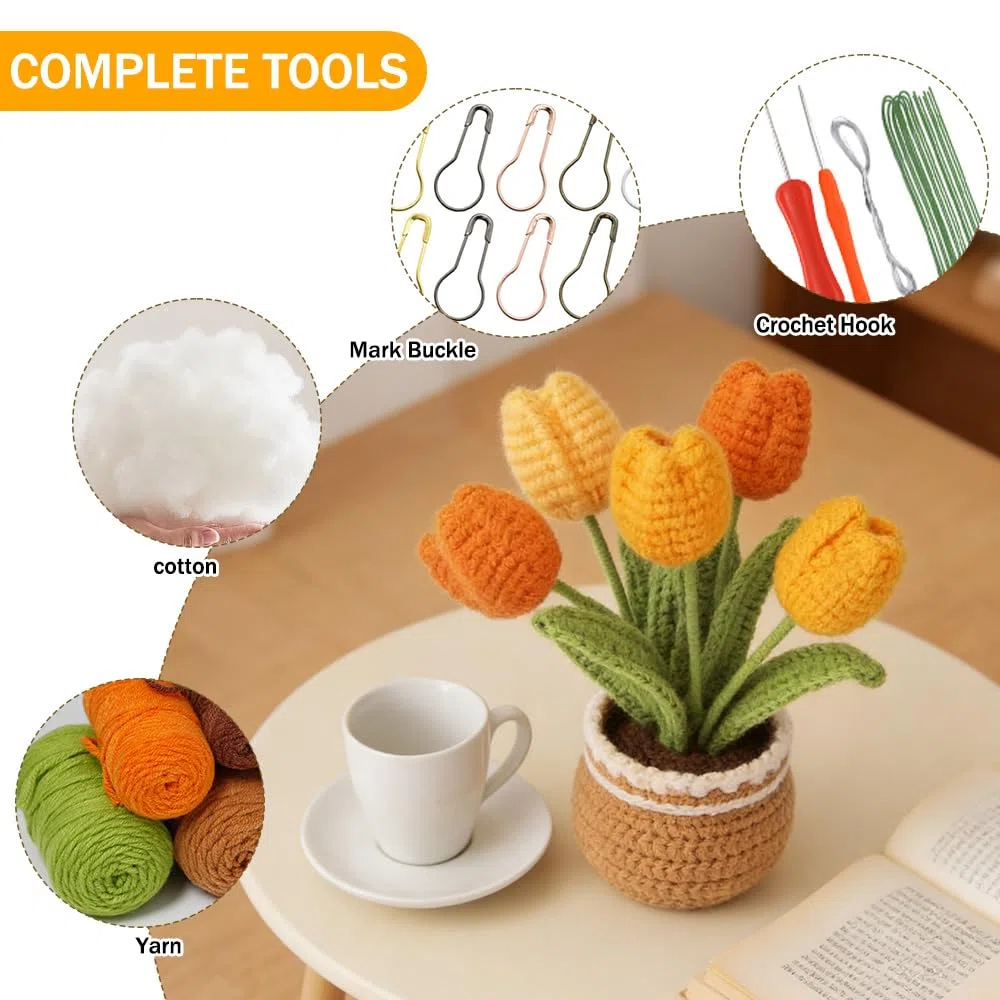 2 Kit Uncinetto Principianti, Tulipano in Vaso, Fiori Kit All'uncinetto Borsa Completo con Tutorial Illustrati e Video, Amigurumi Uncinetto Piante Regali Fai Da Te Teper Mamme Nonne Amici e Compleanni