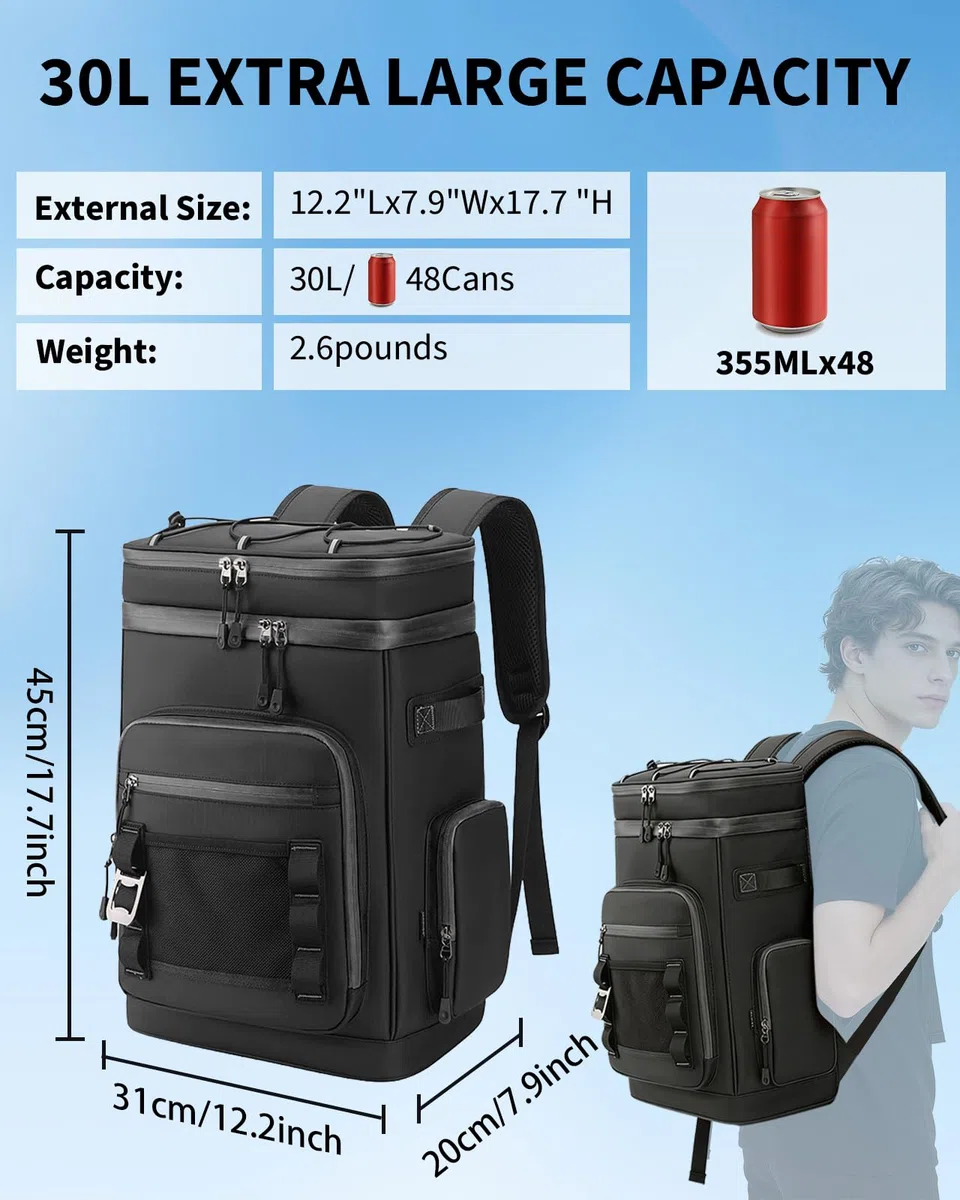 Zaino Termico Frigo 30L, Borsa Termica Porta Pranzo Borsa Frigo Isoterma Impermeabile e Mantenere Alimenti Caldi o Freddi per Spiaggia, Campeggio, Picnic, Barbecue, Eventi - Nero