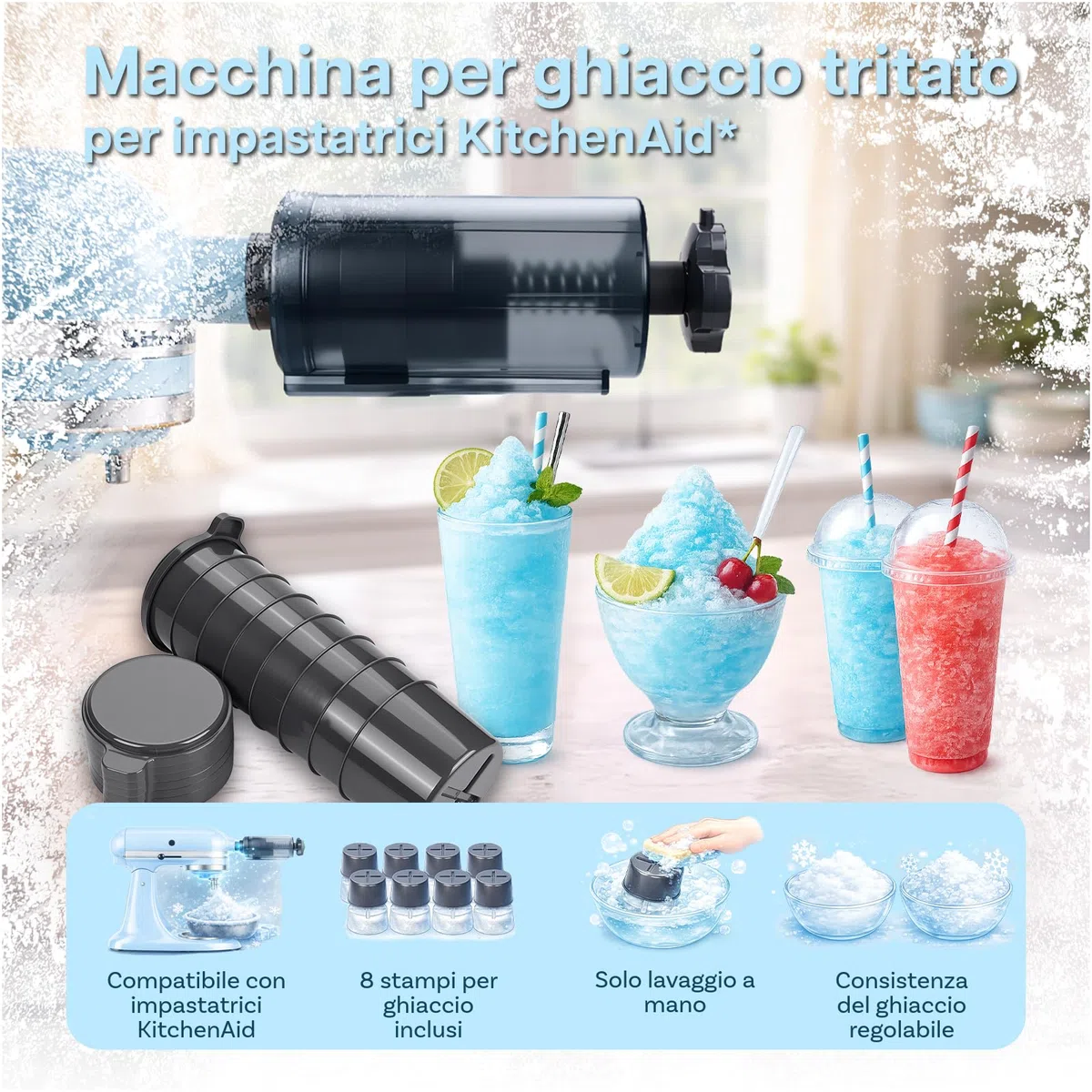 Accessorio Tritaghiaccio per KitchenAid 4,5-5 Quart Tilt-Head Stand Mixers di MMOBIEL – Con Regolazione di Rasatura e 8 Stampi per Ghiaccio Riutilizzabili – Per Dessert Shaved Ice e Bevande Fredde