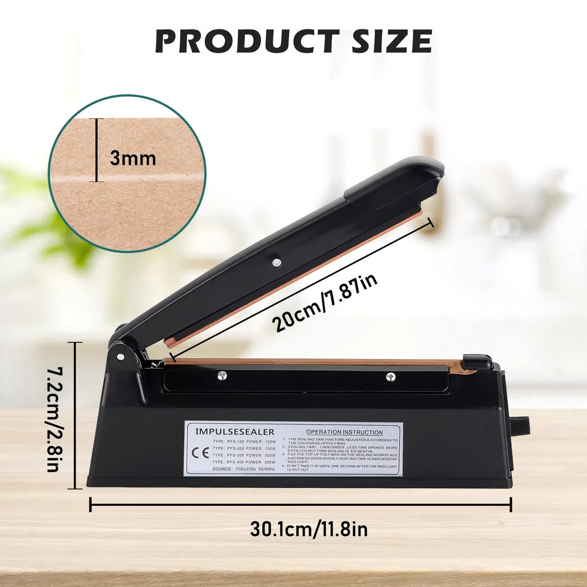 Sigillatrice a caldo, 200 mm, saldatrice a pellicola, sigillatrice per controllo della temperatura, sigillatrice a caldo, 3 mm di larghezza della guarnizione, saldatrice a travi, impulse Heat Bag