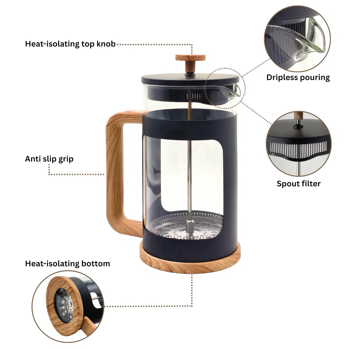 French Press da 1 Litro, Caffettiera a Stantuffo in Vetro Resistente al Calore, Filtro in Acciaio Inox, Manico con Finitura Effetto Legno, per 4 Tazze