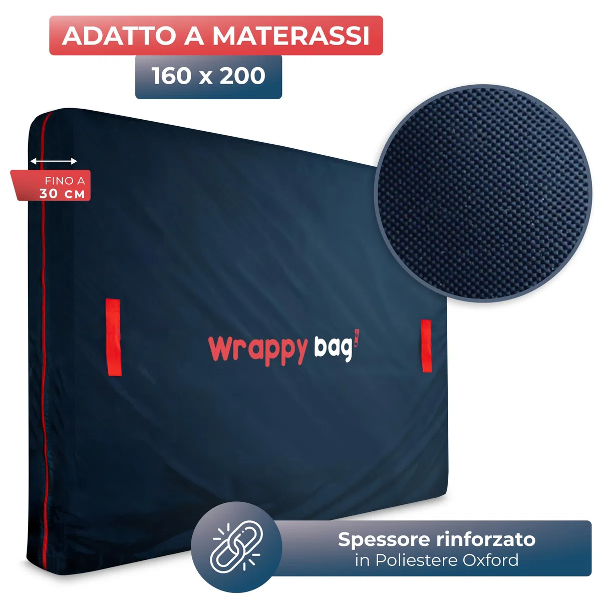 WRAPPYBAG Custodia Materasso Singolo/Matrimoniale in Poliestere Oxford con 4 Manici – Sacco Proteggi Materasso per Trasloco, Conservazione e Trasporto – Matrimoniale 160 x 200 cm – in 5 Misure