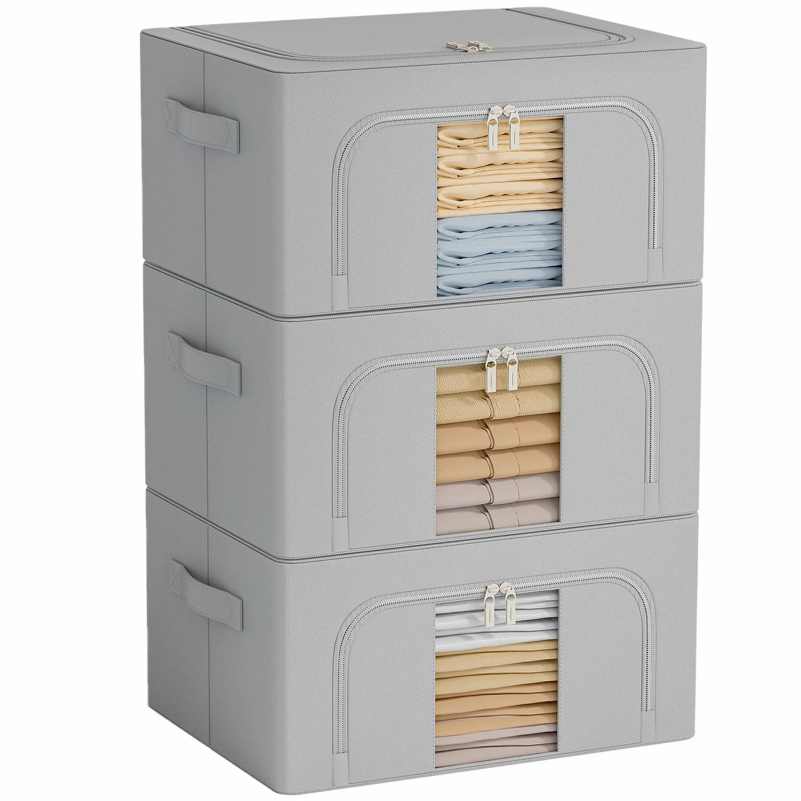 GoMaihe Scatole per Armadio Rigide 3 pezzi 72L: Contenitori per Armadio Cerniera - Piumone, Lenzuola Organizzatore Armadio - Scatole per Vestit (Grigio, 24L)