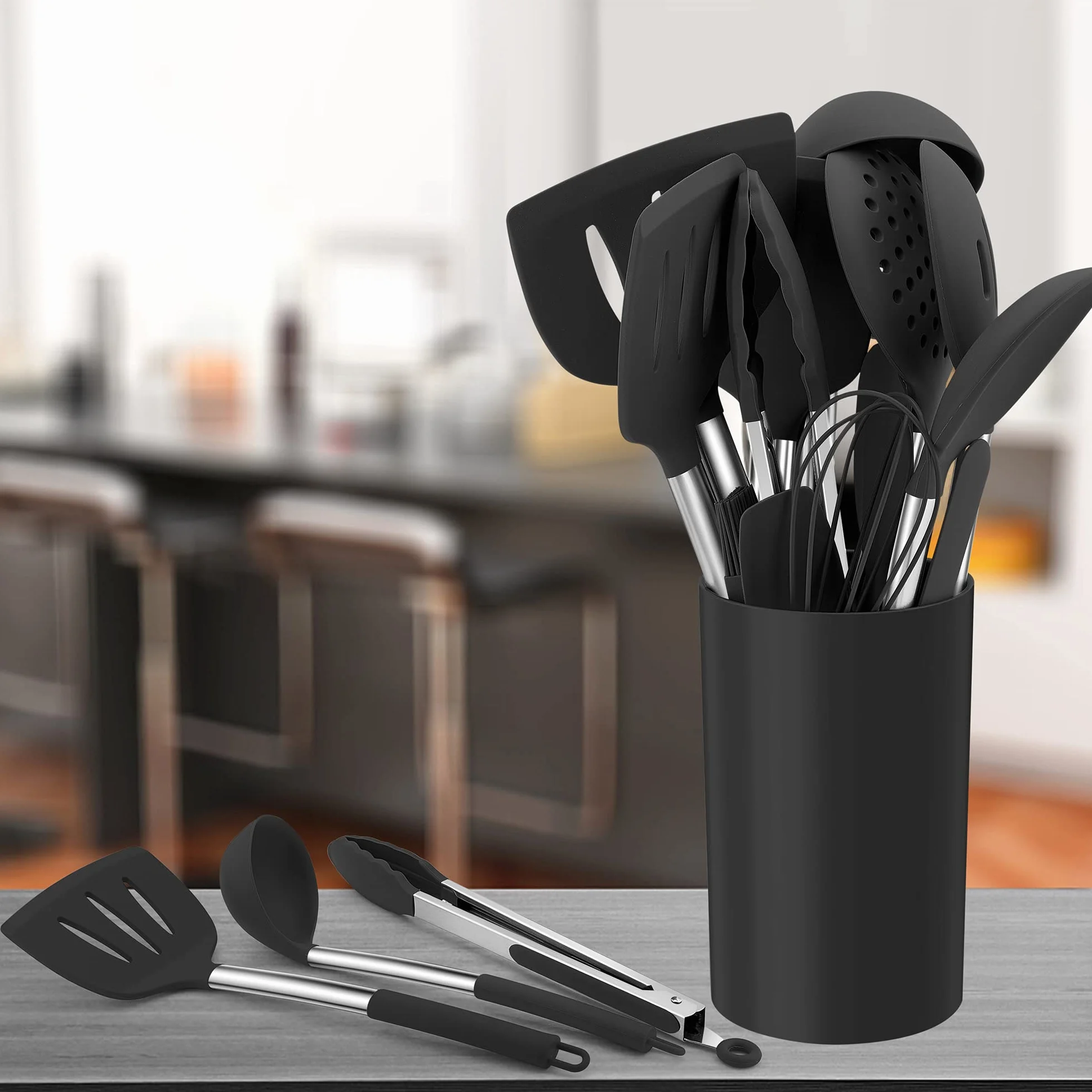 Herogo Set di 25 utensili da cucina in silicone con supporto, set di posate da cucina resistenti al calore, con manico in acciaio inox, antiaderente, set da cucina, contenitore, nero