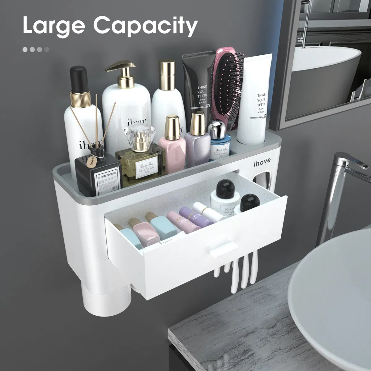 iHave Porta Spazzolino Elettrico da Muro con Dispenser Dentifricio e 3 Bicchieri – Design Bianco Classico per l'Arredo del Bagno, Organizer Bagno Tutto-in-Uno per Spazzolini e Accessori