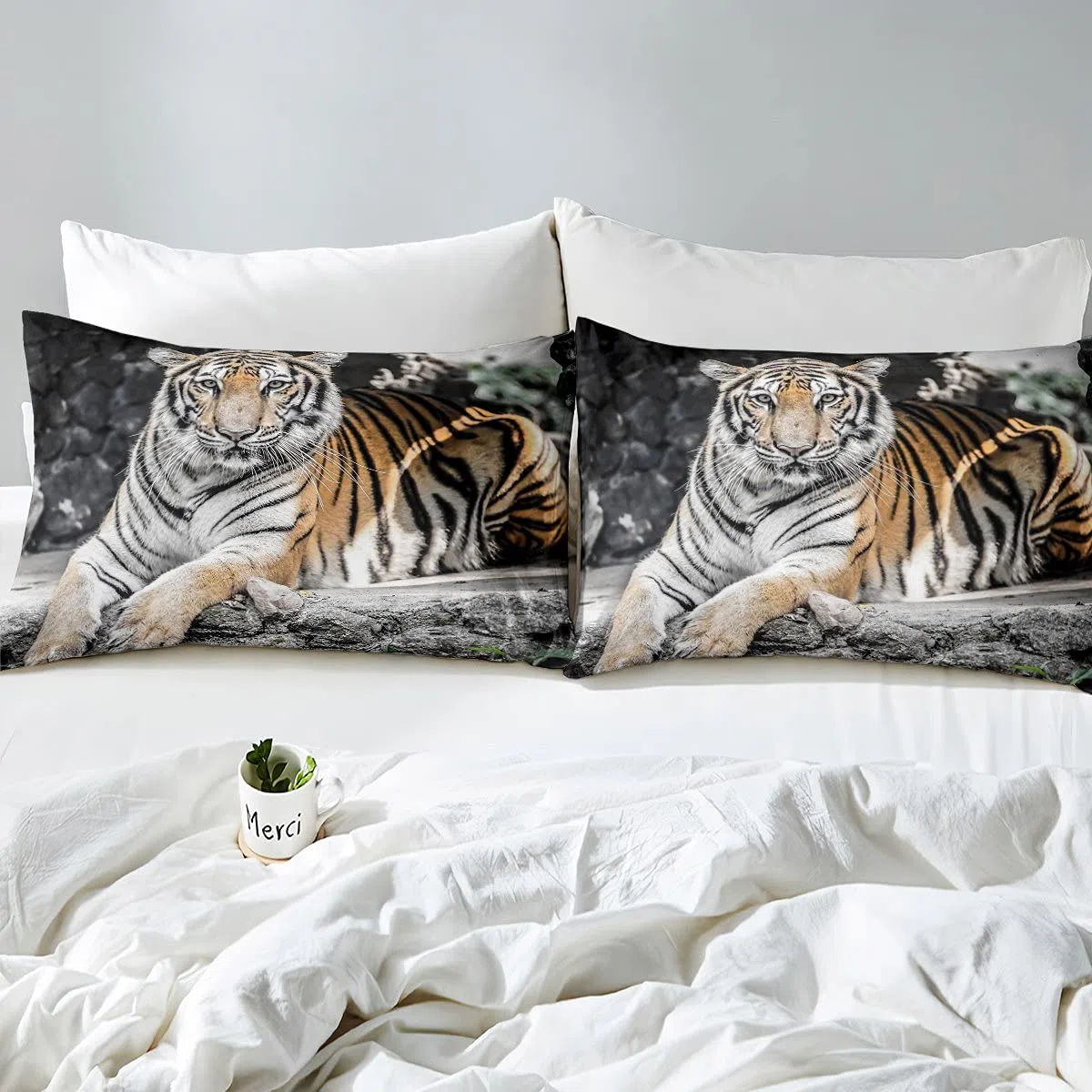 Trapunta con inserto a tema animali selvatici per bambini e ragazze colore bianco grigio stampa roccia piumone stile fauna selvatica piumone con 1 federa 2 pezzi letto 135x200cm