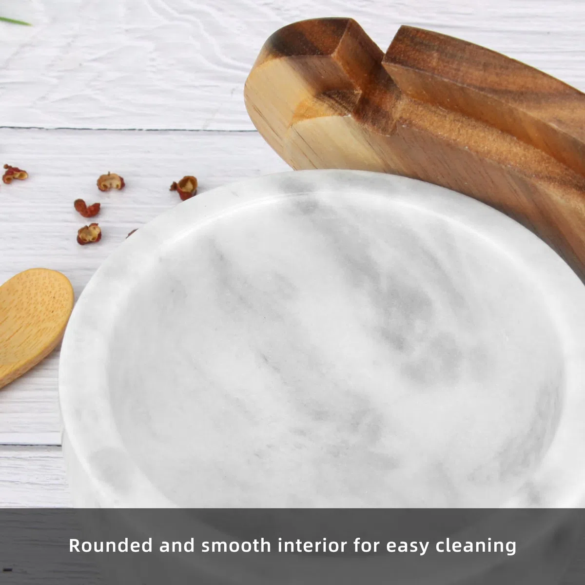 Saliera in Marmo con Coperchio Cucchiaio in Legno, Portasale Pepiera Contenitore Moderno per Spezie, Sale o Pepe, Zucchero, Barattolo di Stoccaggio per la Cucina (Ciotola Bianca)