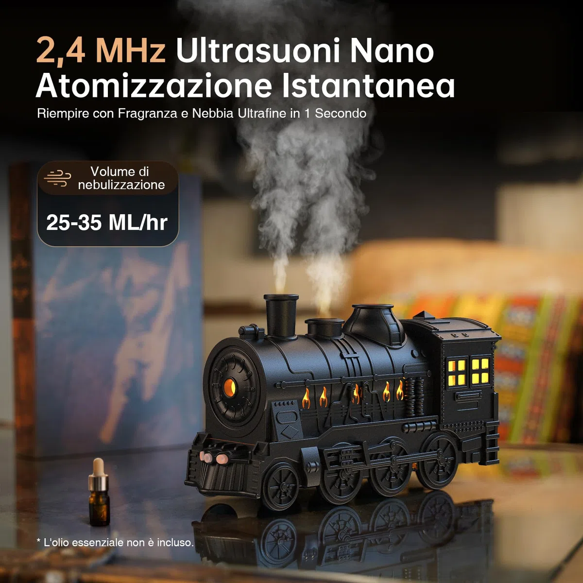 Jeebel Diffusore di Oli Essenziali 300 ml Fiamma Diffusore a Forma di Treno, Effetto Fiamma, Telecomando, Spina UE - Mini Umidificatore a Nebbia Fredda per Camera Letto e Ufficio Aromaterapia