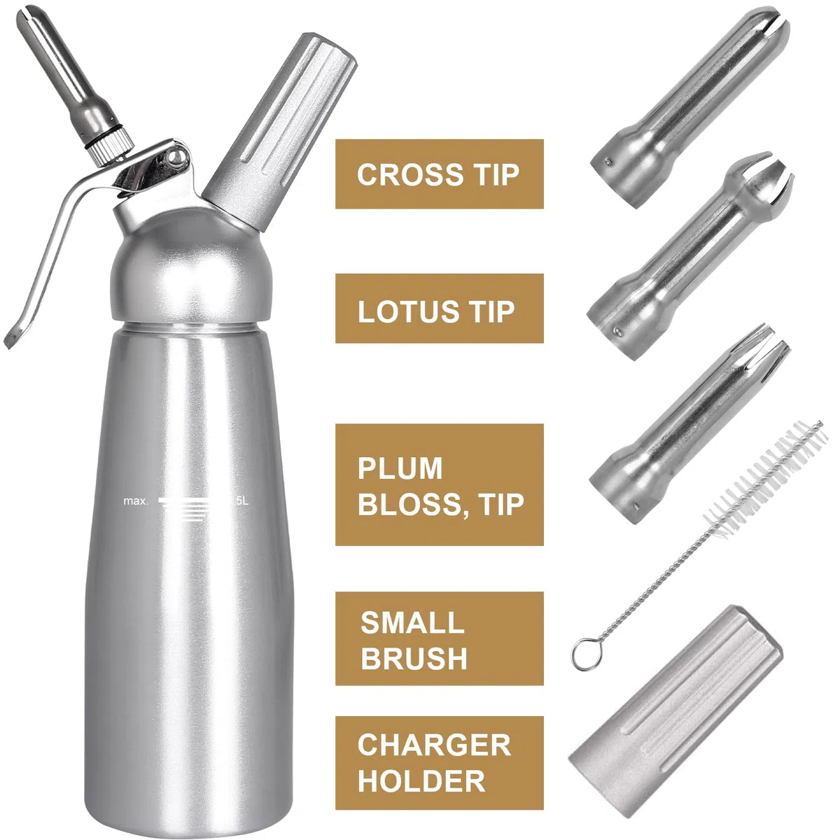 Sifone Panna Montata, 500ml Sifone da Casa e Cucina Alluminio con 3 Ugelli in Acciaio Inox, Sifone per Panna Montata Professionale