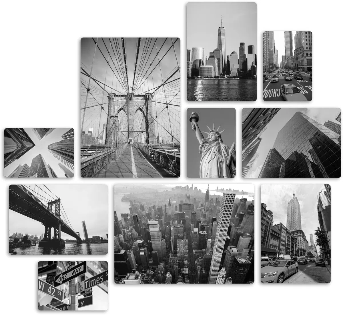 Giallobus - Set 10 quadri Multi pannello - Città - New York B&W - Legno Mdf - - 2 x 42x29,7cm - 4 x 29,7x21cm - 4 x 21x14,85cm - - Pronti da appendere - Quadri moderni per la casa
