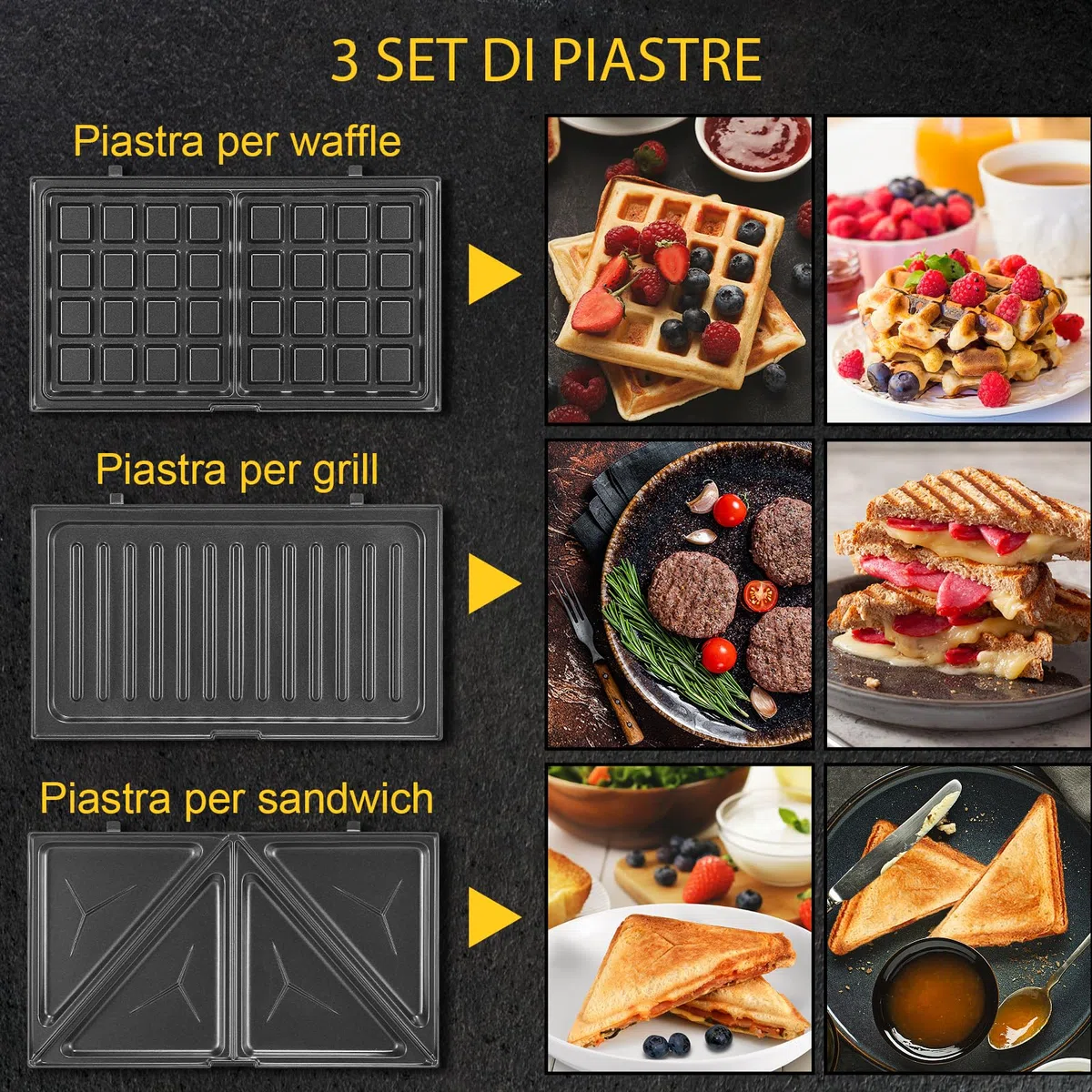 YASHE Sandwich Maker 3 in 1, Piastra per Panini, Tostapane Piastra per Toast, Waffle, Piastre Antiaderenti Rimovibili, 750W Sandwich Tostapane, Controllo Automatico Della Temperatura, Senza BPA