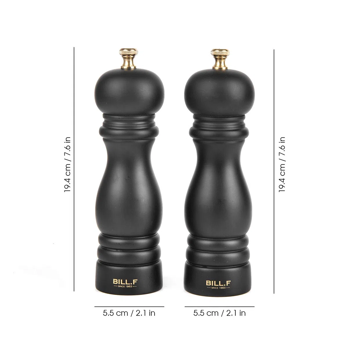 Bill F Since 1983 - Set macina sale e pepe, 2 pezzi, in legno di gomma, con macinapepe nero opaco, con nucleo in ceramica, 17,8 cm