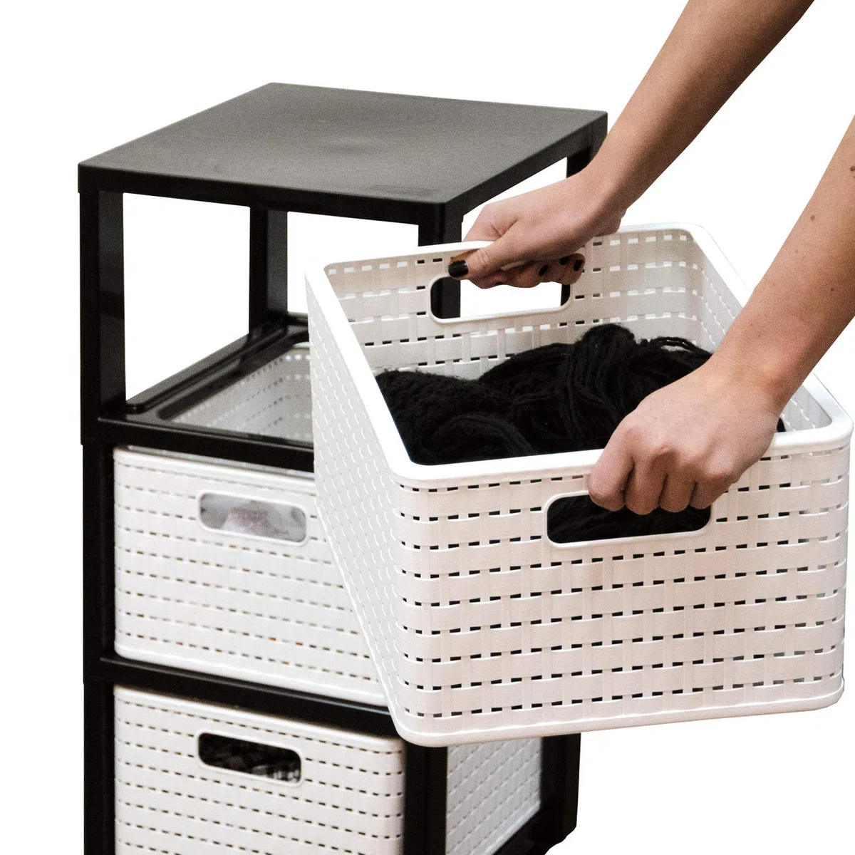 Rotho Country Contenitore arrotolabile con 3 cassetti in rattan, Plastica (PP) senza BPA, antracite, 3 x A4/18l (37,5 x 32,5 x 71,2 cm)