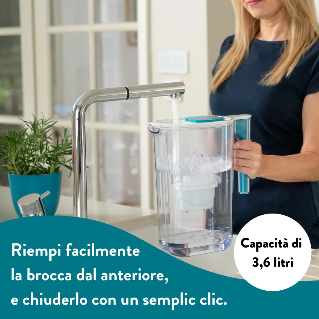 Aqua Optima Perfect Pour Caraffa Filtro Acqua e Cartucce Filtro Acqua 1 x 30 Giorni Evolve+, capacità 3,6 litri, per Riduzione di Microplastiche, Cloro, Calcare e Impurità, Blu