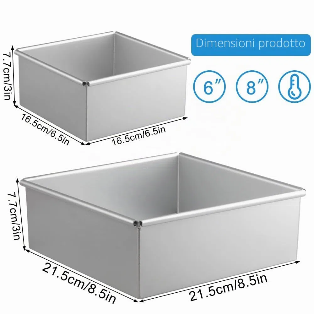 2 Pezzi Stampo Quadrato Alluminio Anodizzato, 6+8 Pollici Stampo Per Torta Quadrata Rimovibile, Tortiere Quadrate in Antiaderente per Tiramisu e Cheesecake, Torte Mousse Mousse