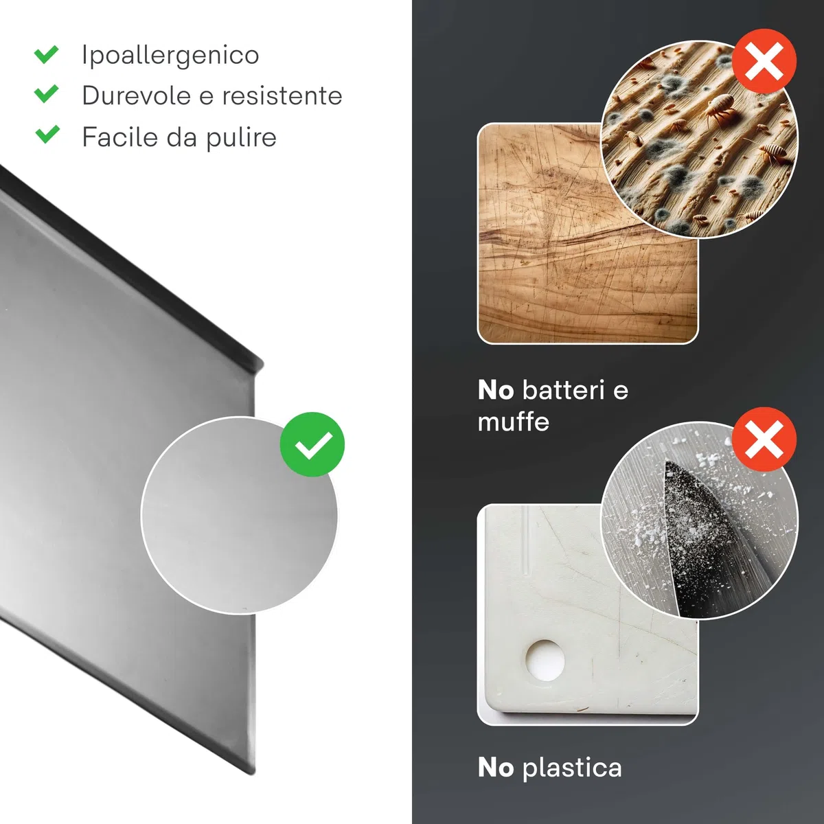 PRM Acciai Tagliere Acciaio Inox - Tagliere da Cucina e Spianatoia Acciaio Inox per Impastare Pizza, Pane, Pasta Sfoglia, Cioccolato e Dolci - 300x500 Con Piega Frontale 20mm. No Alzatina Paraschizzi.