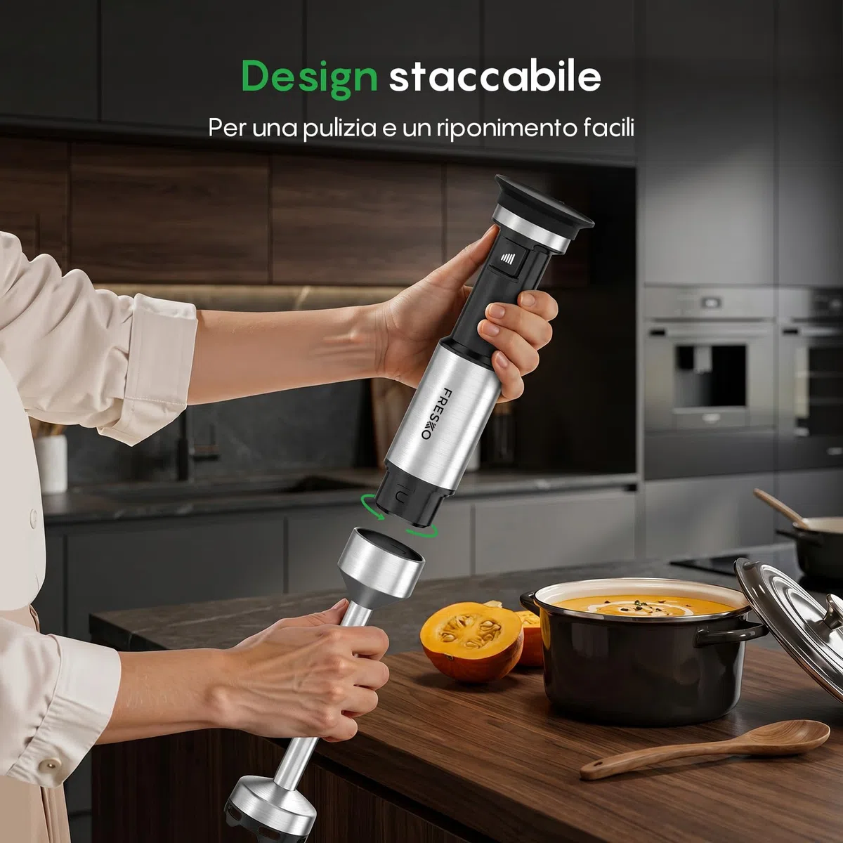FRESKO Frullatore a Immersione 1000W, Asta in Acciaio Inox con Protezione Pentole, Bicchiere Dosatore 700ml, Velocità Variabili – per Pappe, Zuppe, Frullati, Purè, Salse