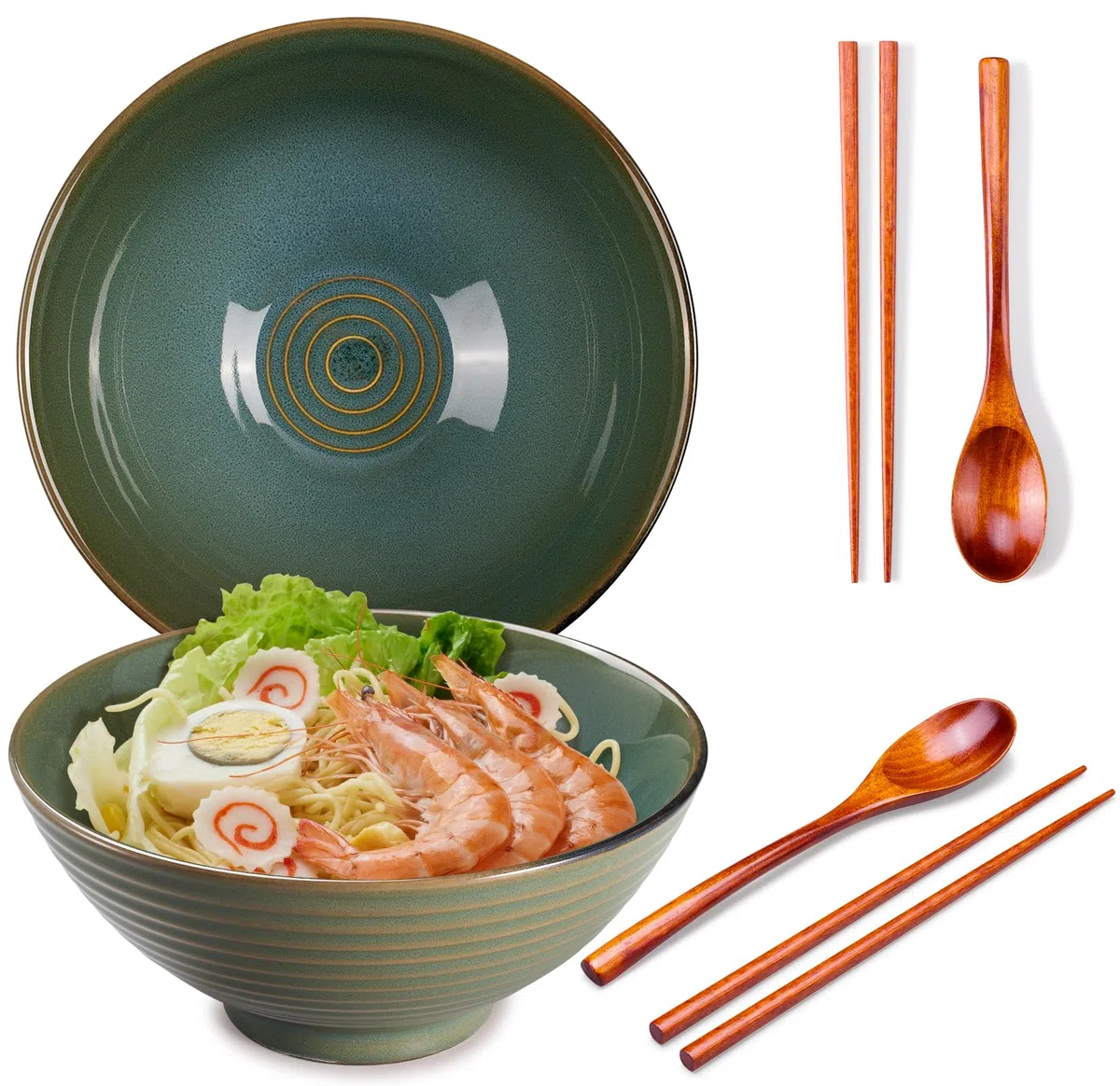 2 ciotole per ramen, in ceramica, 1200 ml, 20 cm, con spoon e chopsticks per Ramen Soup Pho Udon Asian Noodles, Large Noodle Bowls (smalto verde 2 set)