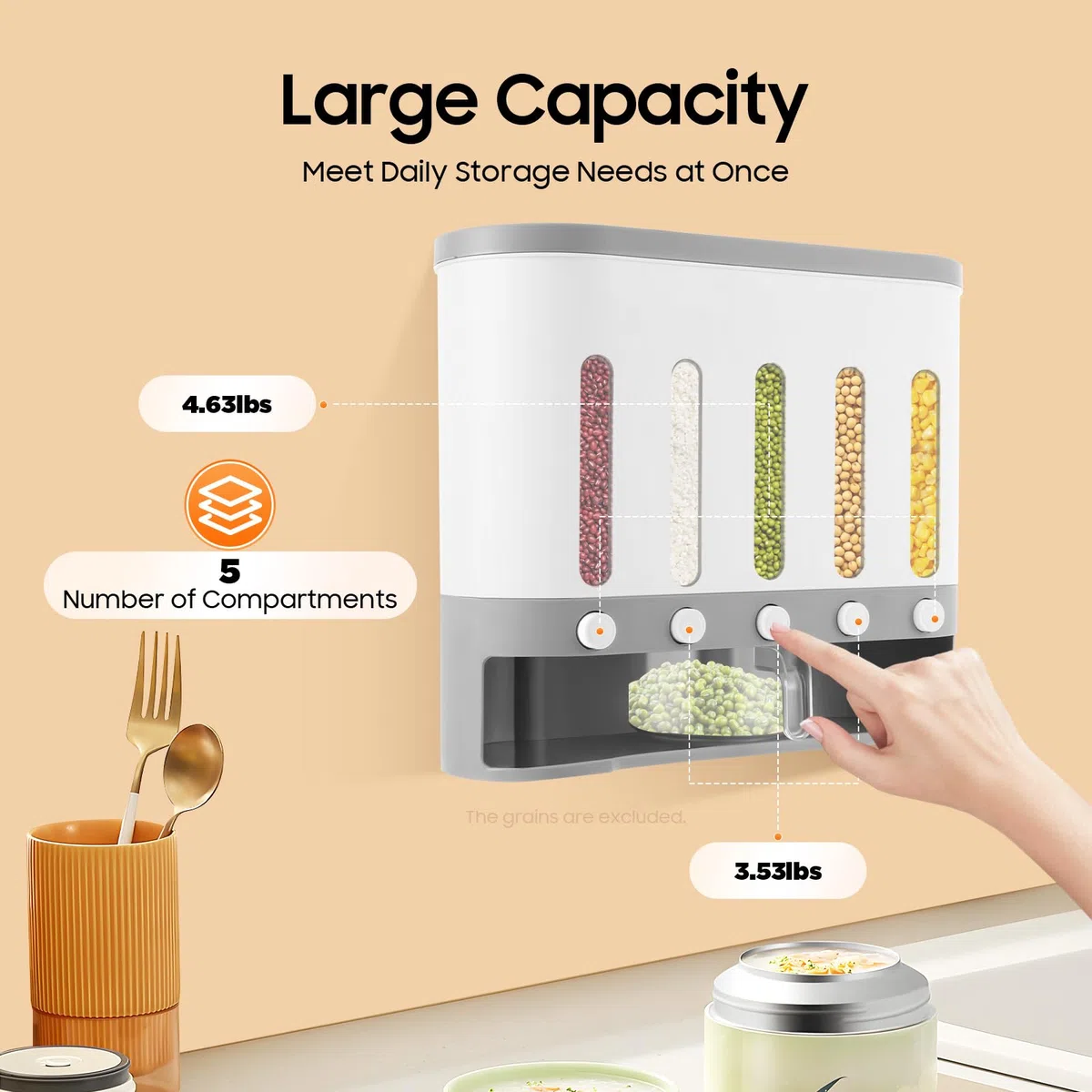 Dispenser per cereali a 5 scomparti trasparente (40 x 15 x 34 cm) con misurino, moderno dispenser per cereali per cornflakes, noci e riso, pratico contenitore da cucina con divisori