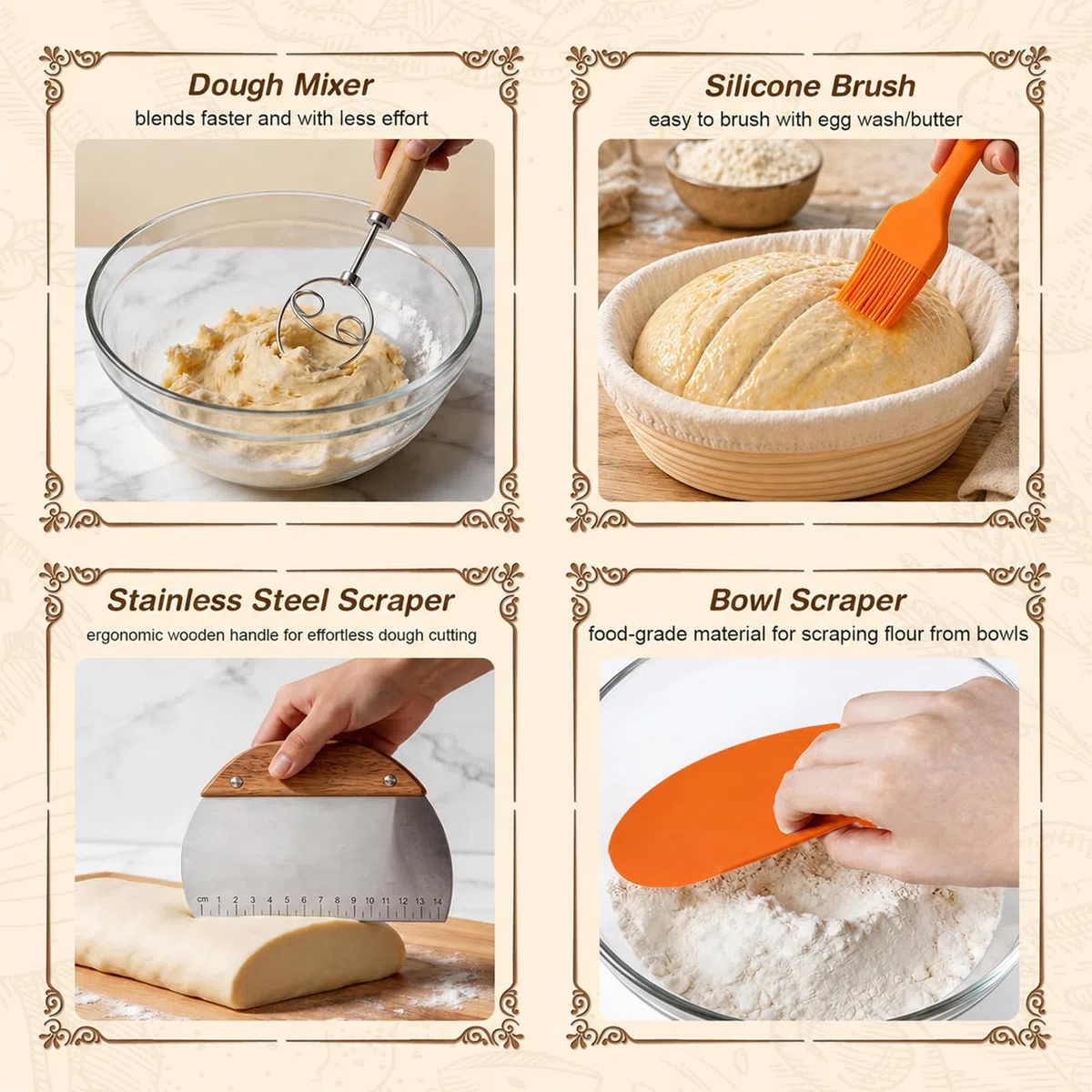 Kit di Banneton per Pane, 17 Pezzi Kit Pane A Lievitazione con Cesto Rotondo Ovale, Mixer, Coltello da Pane, Kit Panetteria per Principianti e Panettieri