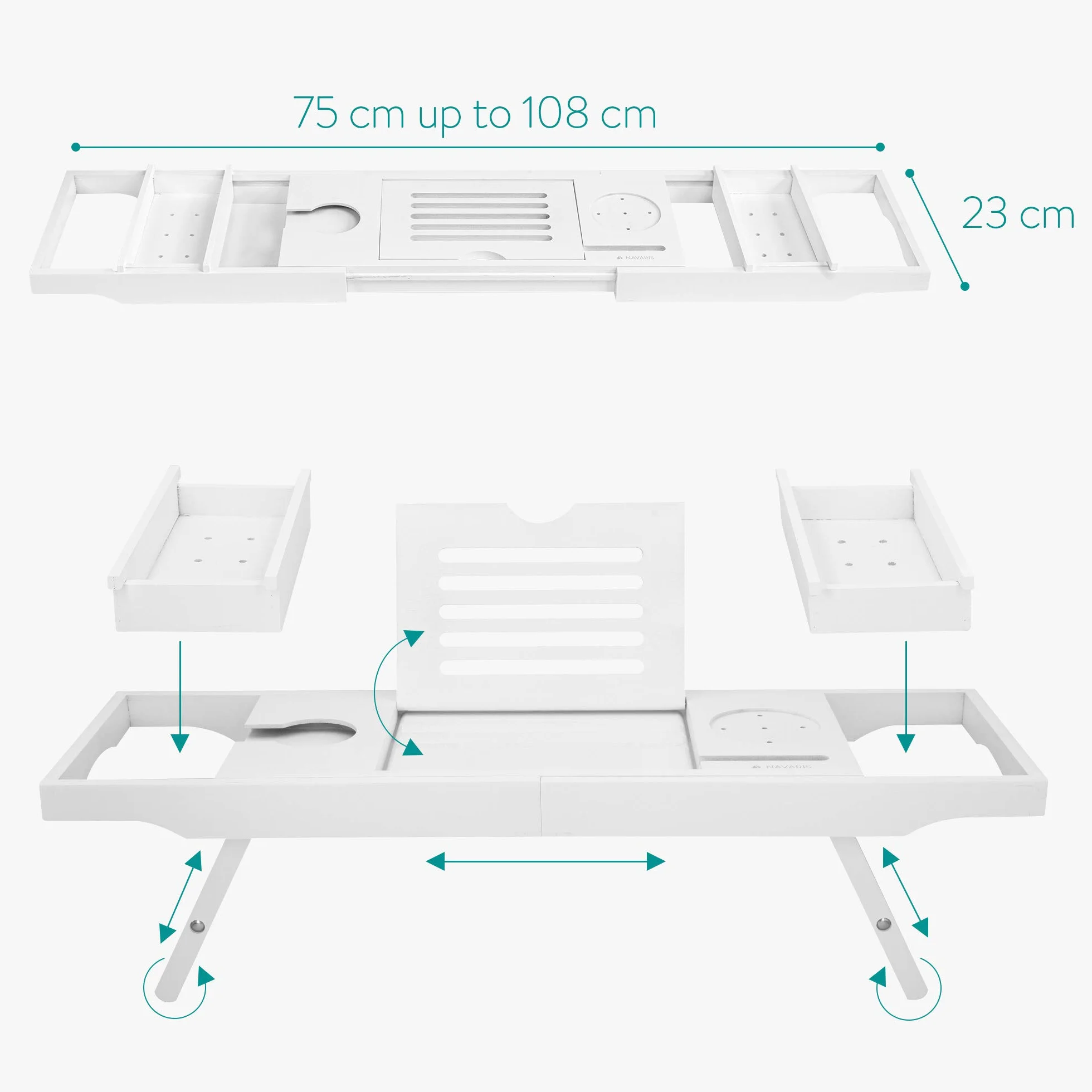 Navaris Vassoio Vasca Colazione Letto - Mensola Vasca da Bagno in bambù - Mensola Allungabile 75cm-108cm con Leggìo Integrato Vani Laterali - Bianco