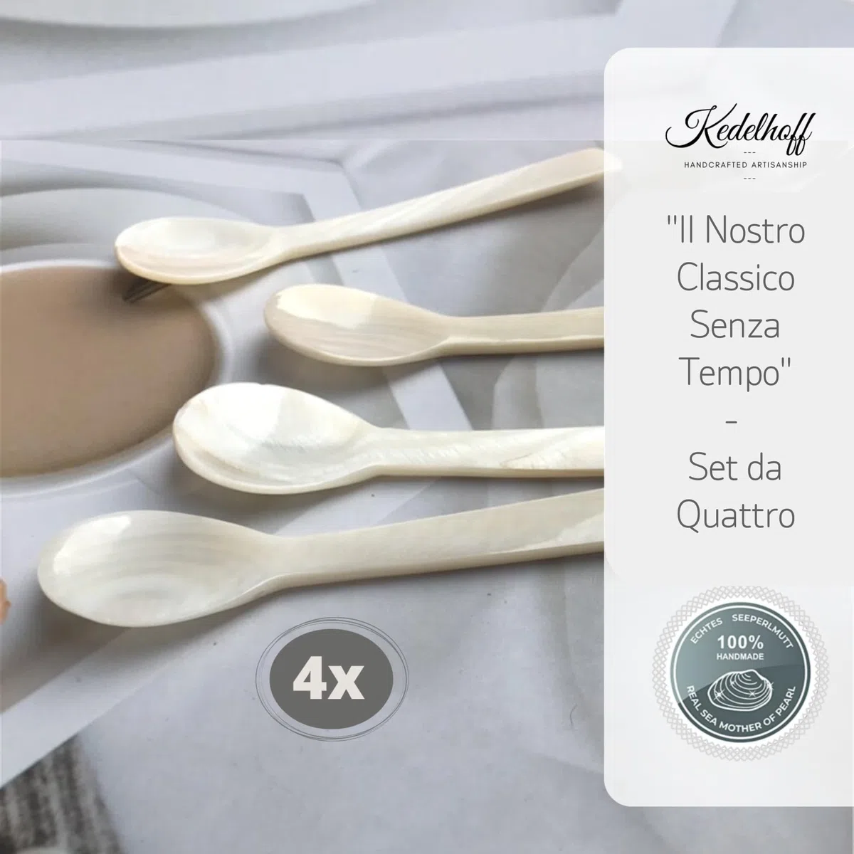 Cucchiaio in Vera Madreperla, Con Caviale, Realizzato a Mano, Cucchiaio per Uovo, Madreperla (Naturale), Circa 12 cm, Set da 4 Pezzi