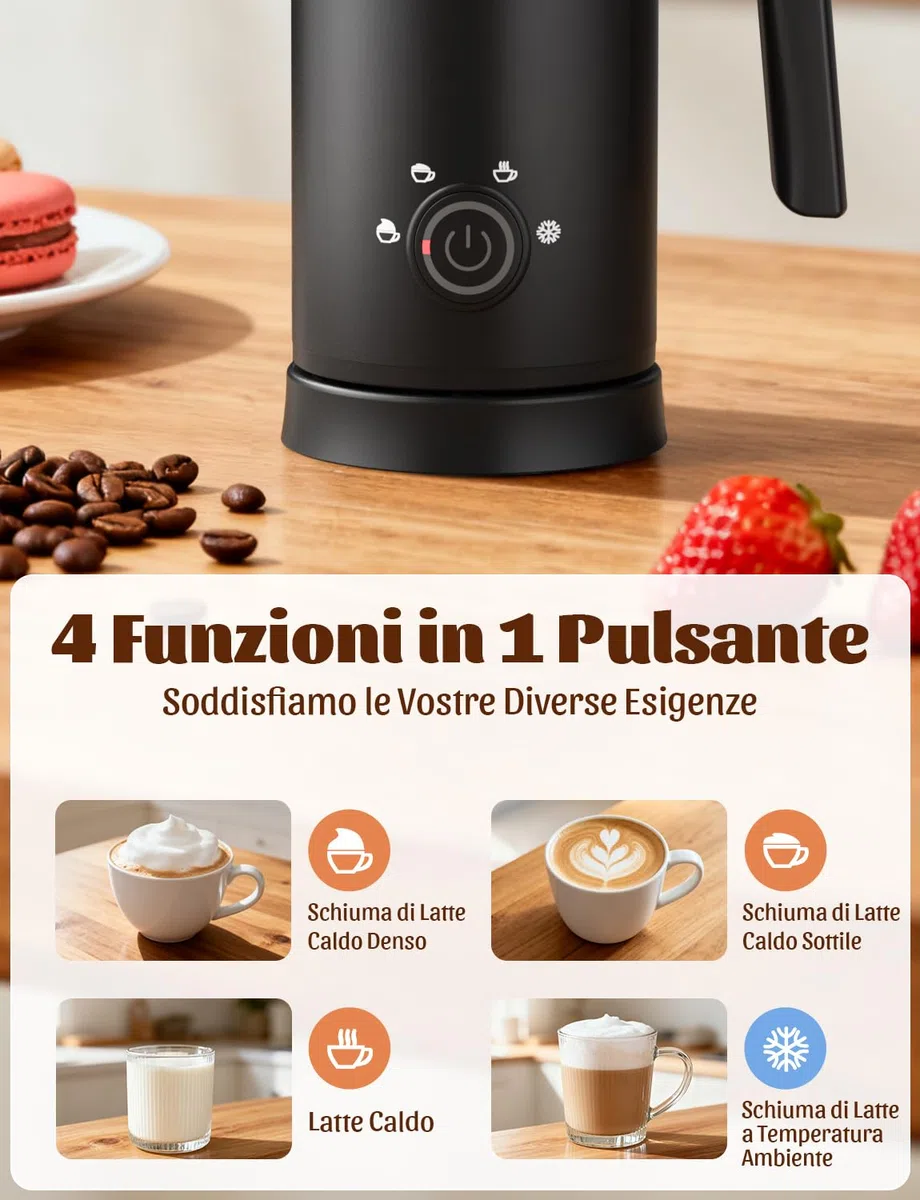 YISSVIC Montalatte Elettrico Cappuccino 4 in 1 Cappuccinatore Elettrico 300ML, Spegnimento Automatico, Facile da Pulire, Schiuma di Latte Calda e Fredda, Adatto per Latte e Cappuccino