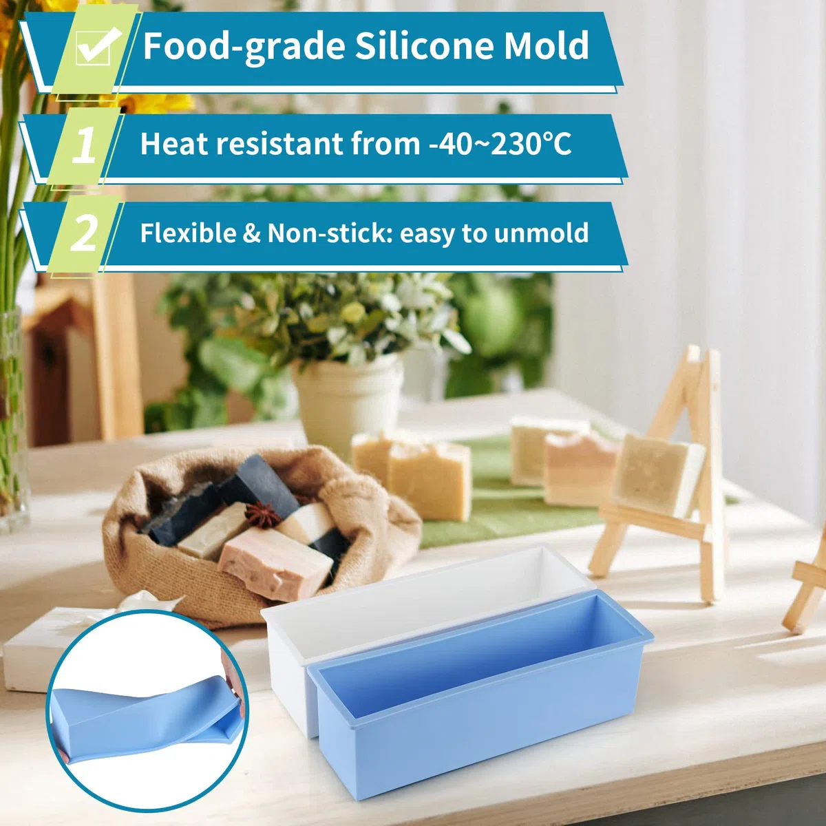 Skelang 2 stampi per sapone con scatola di plastica, stampo rettangolare in silicone da 1450 ml, strumento per fare vortice per sapone fai da te, candele, stampaggio in resina, dessert (blu)
