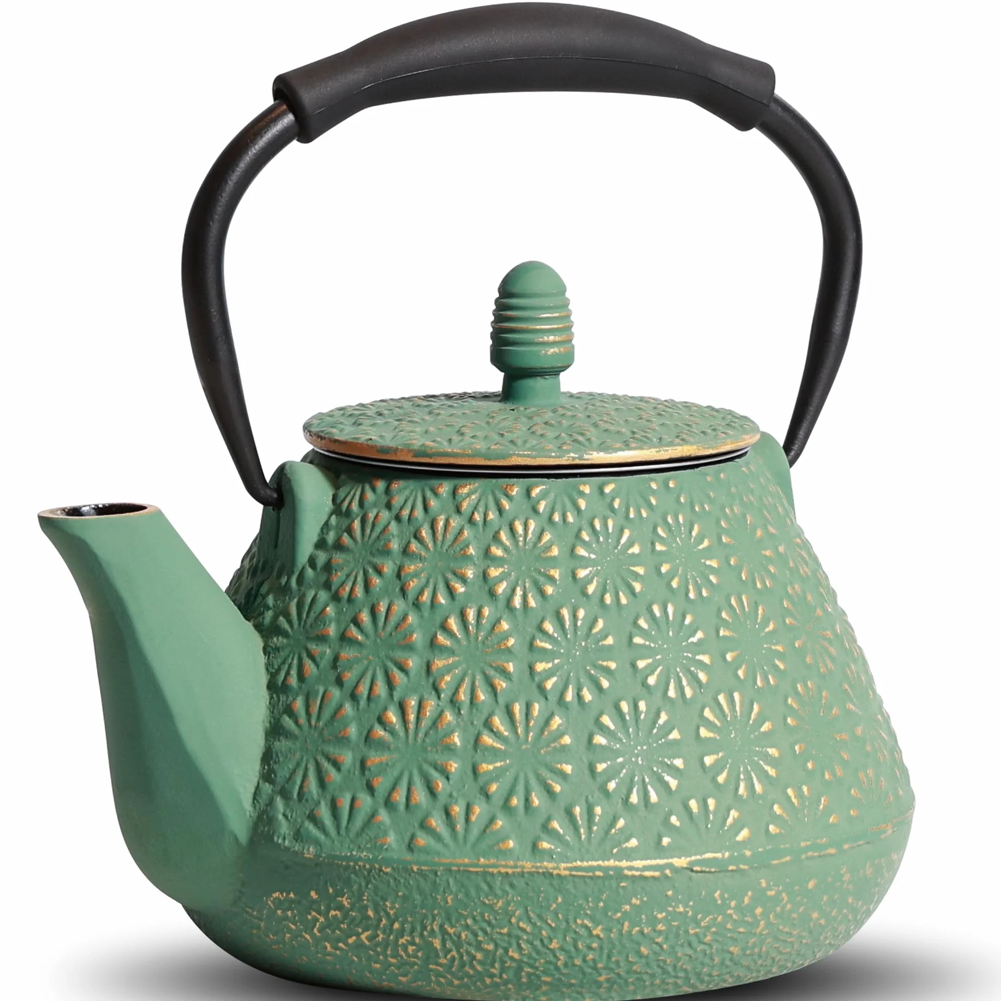 Teiera in Ghisa, 950ml Bollitore da Tè con Motivo Giapponese Sakura Blossom, Sicura per Piano Cottura, Infusore per Foglie Sfuse e Caffè, Manico in Silicone, Interno Smaltato, 950ml Verde